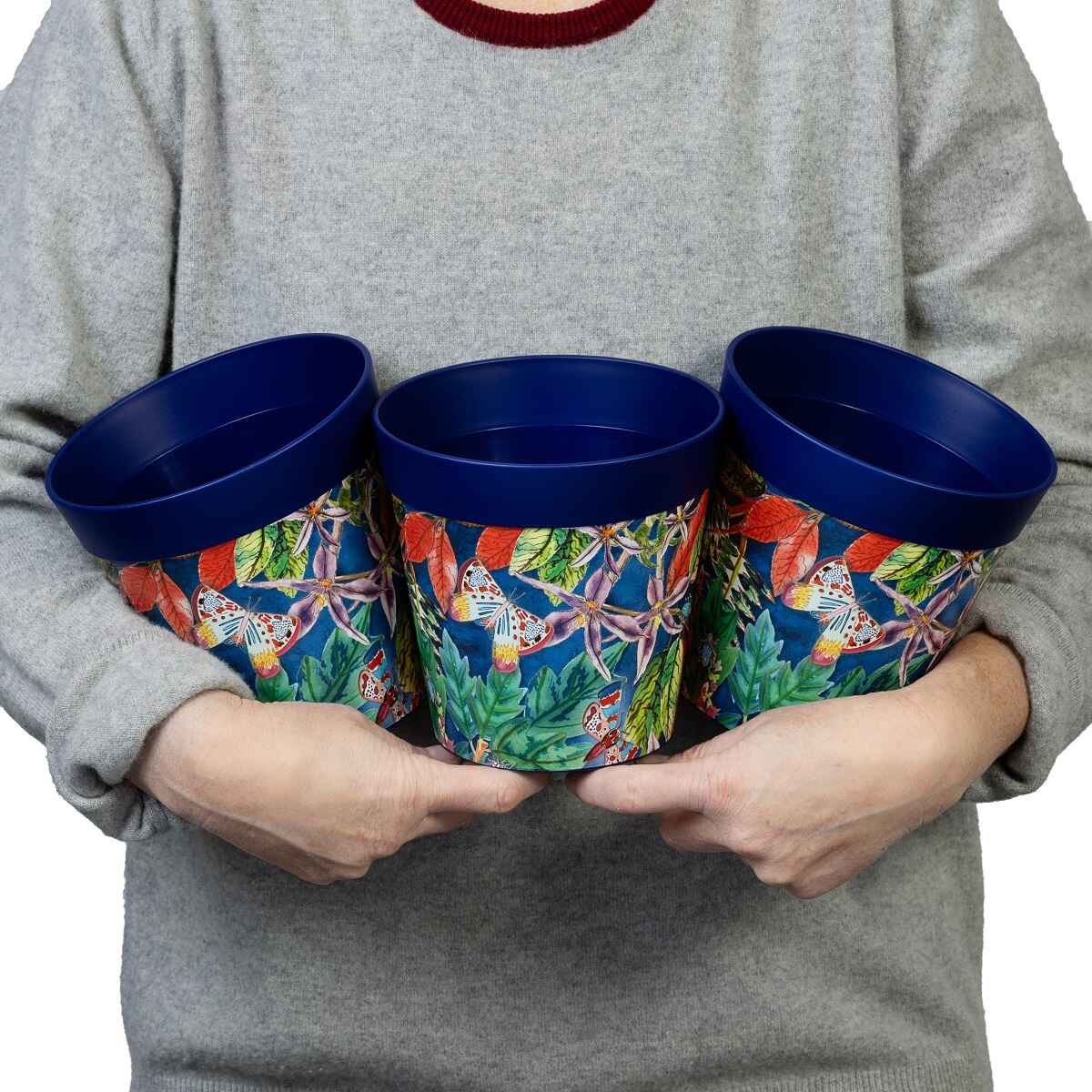 15cm blue leaves and butterflies plastic flowerpots set of 3
