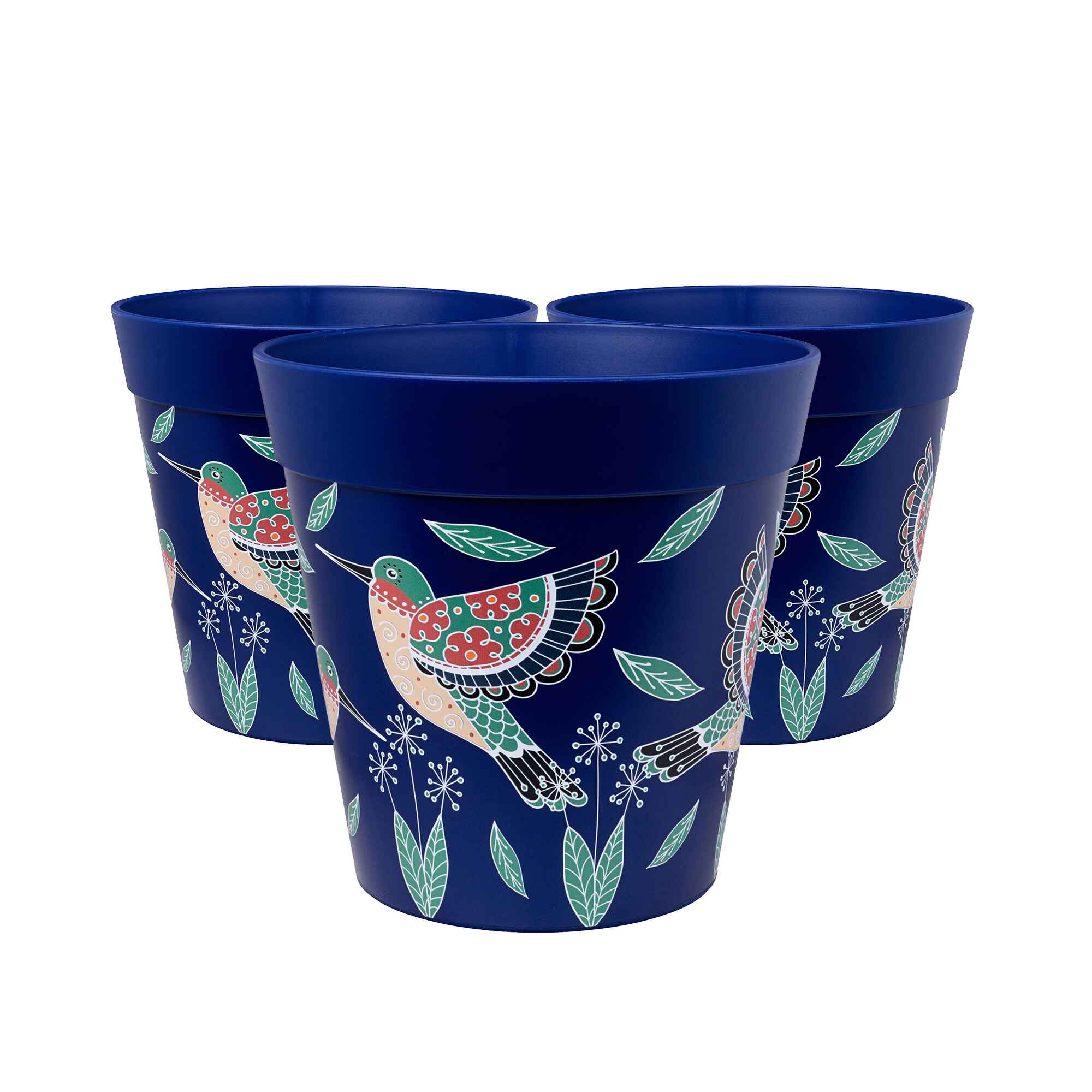 Picture of 3 Large 25cm Blue Hummingbird Pattern Plastic Indoor/Outdoor Flowerpots