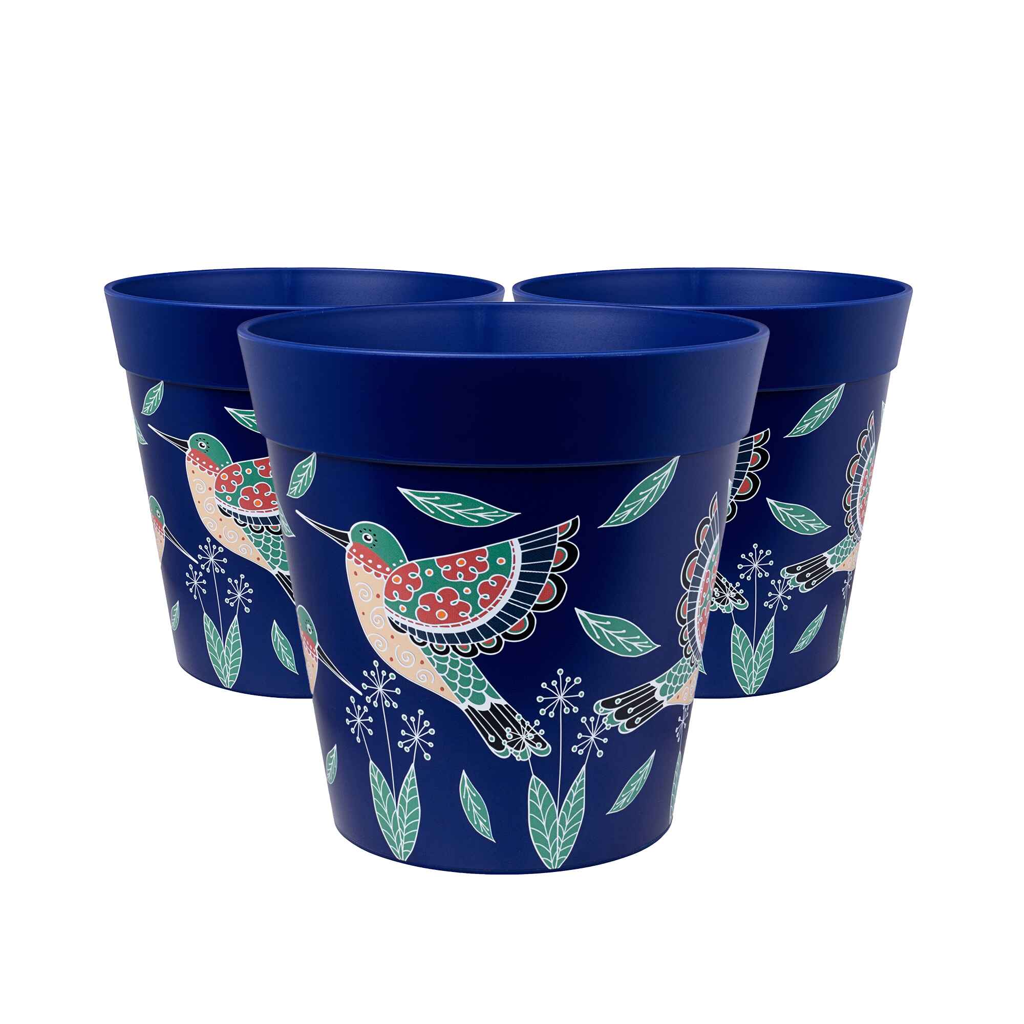 Picture of 3 Large 25cm Blue Hummingbird Pattern Plastic Indoor/Outdoor Flowerpots