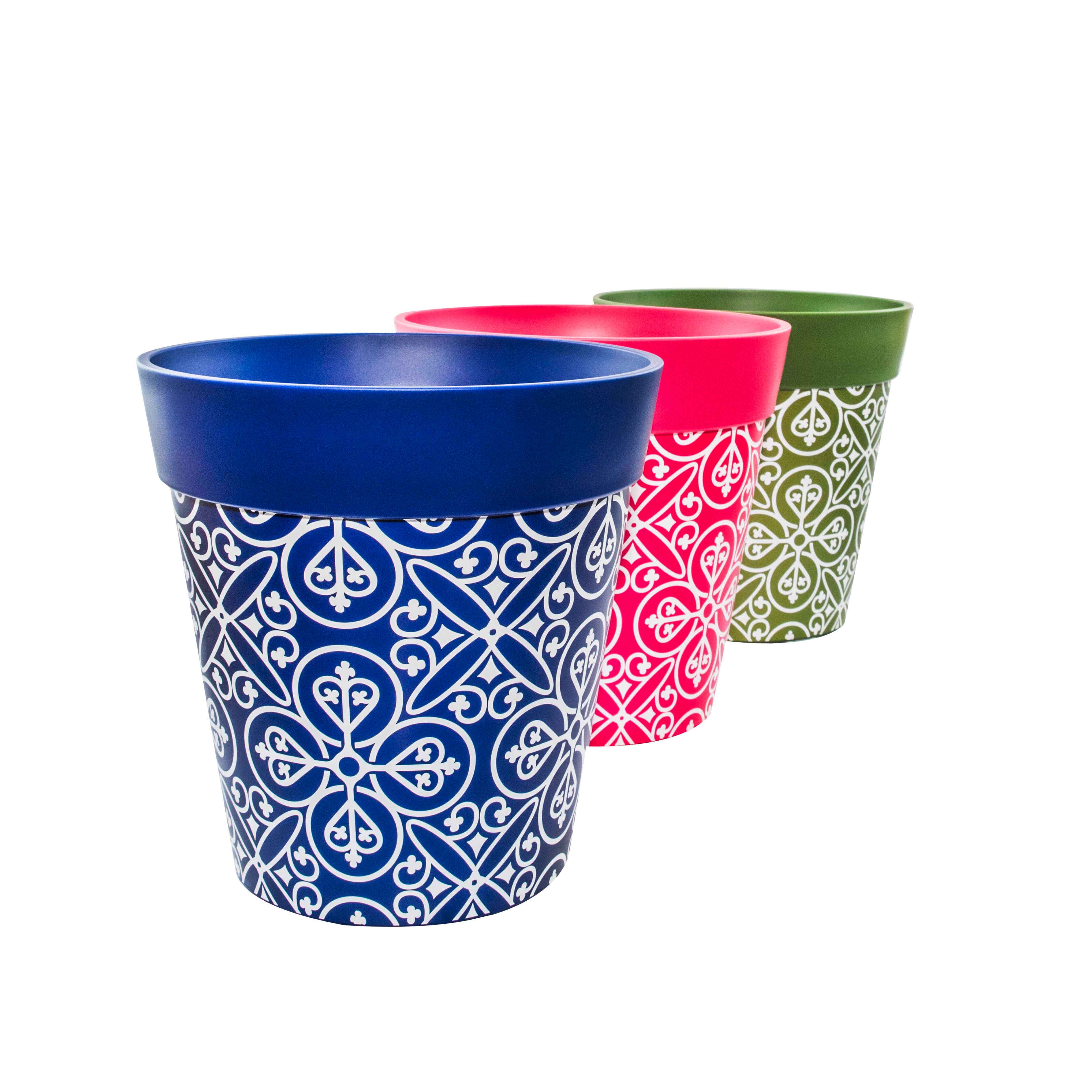 Picture of 3 Medium 22cm Plastic Multi Colour Moroccan Style Pattern Indoor/Outdoor Flowerpots