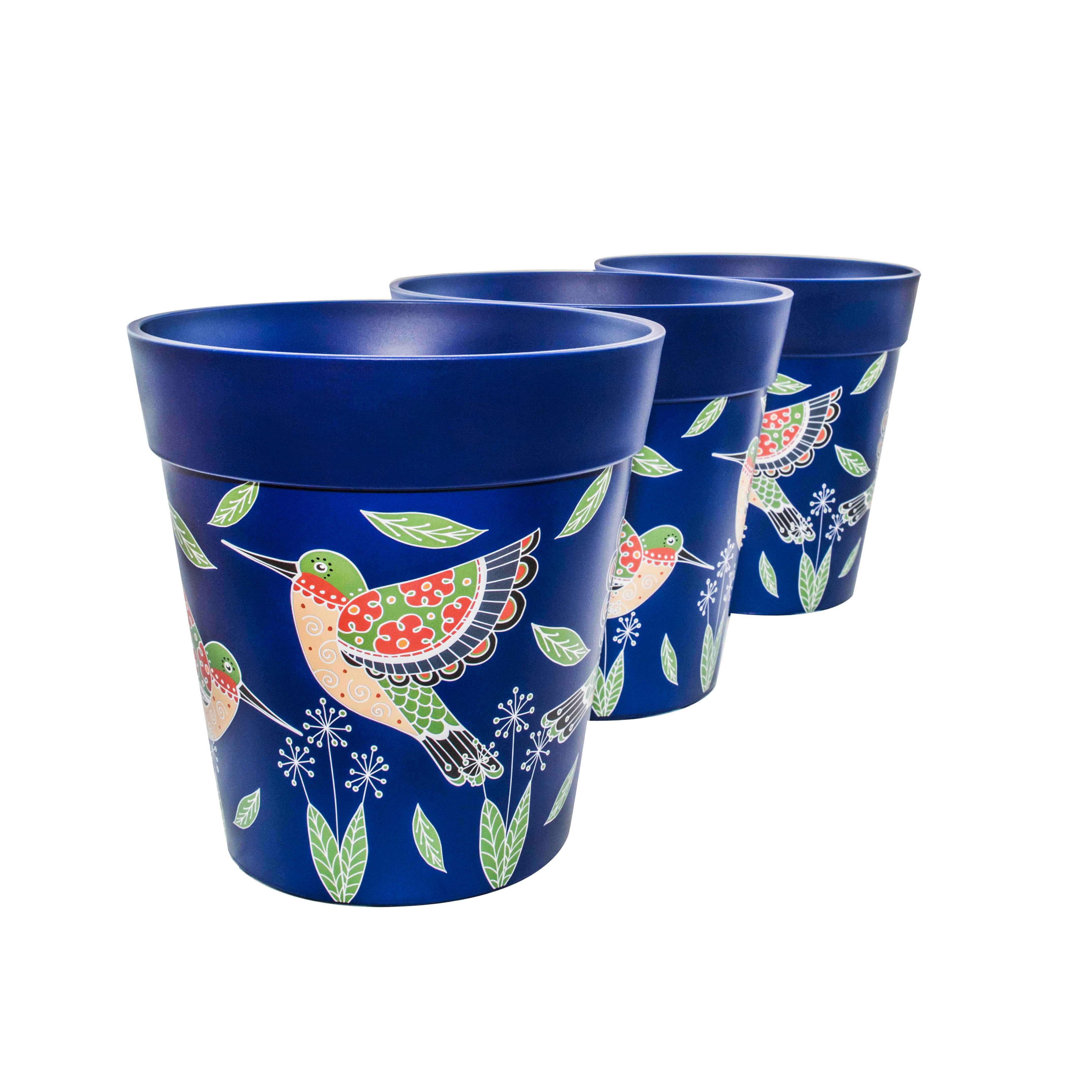 Picture of 3 Medium 22cm Plastic Blue Hummingbird Indoor/Outdoor Flowerpots