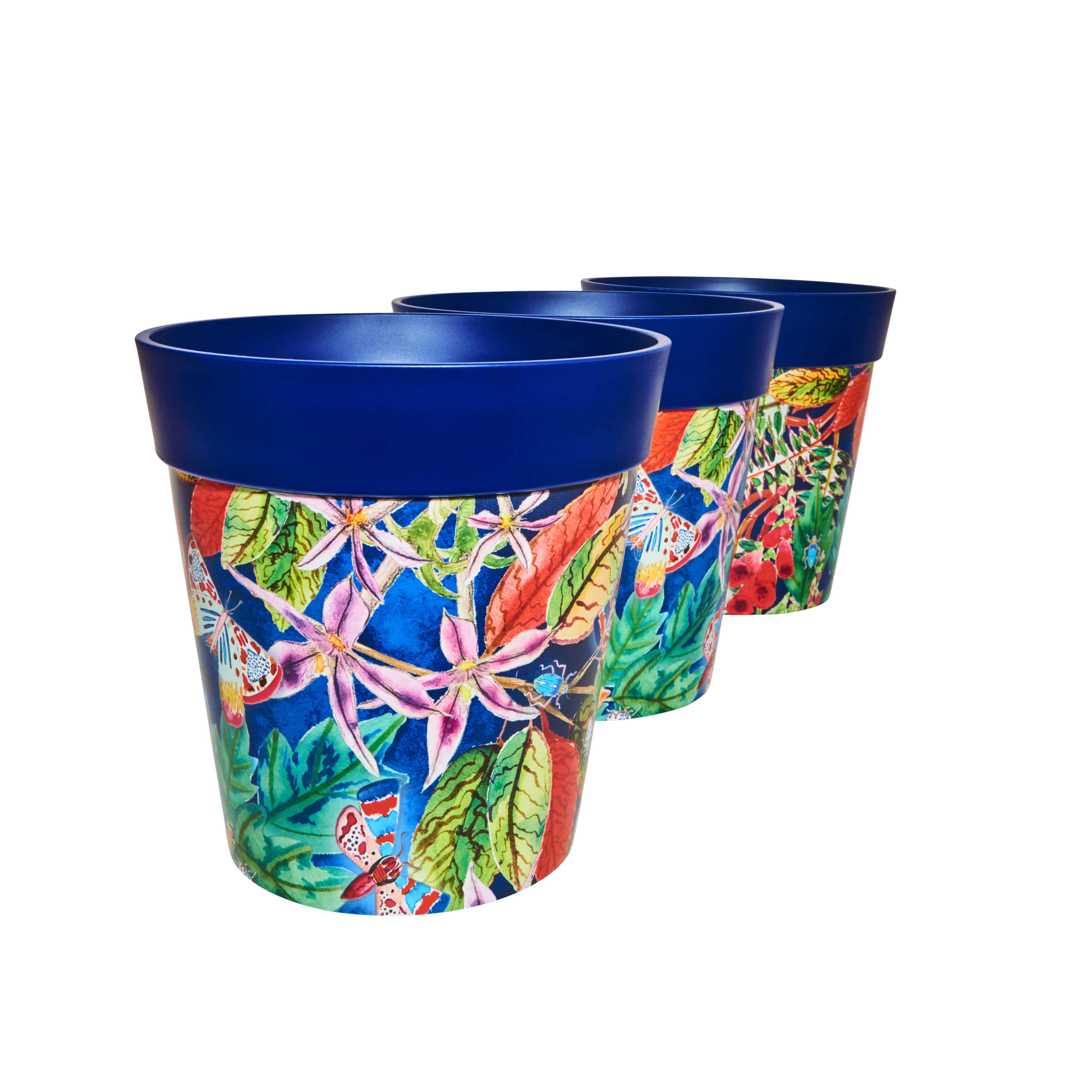 Picture of 3 Medium 22cm Plastic Blue Leaves and Butterflies Pattern Indoor/Outdoor Flowerpots