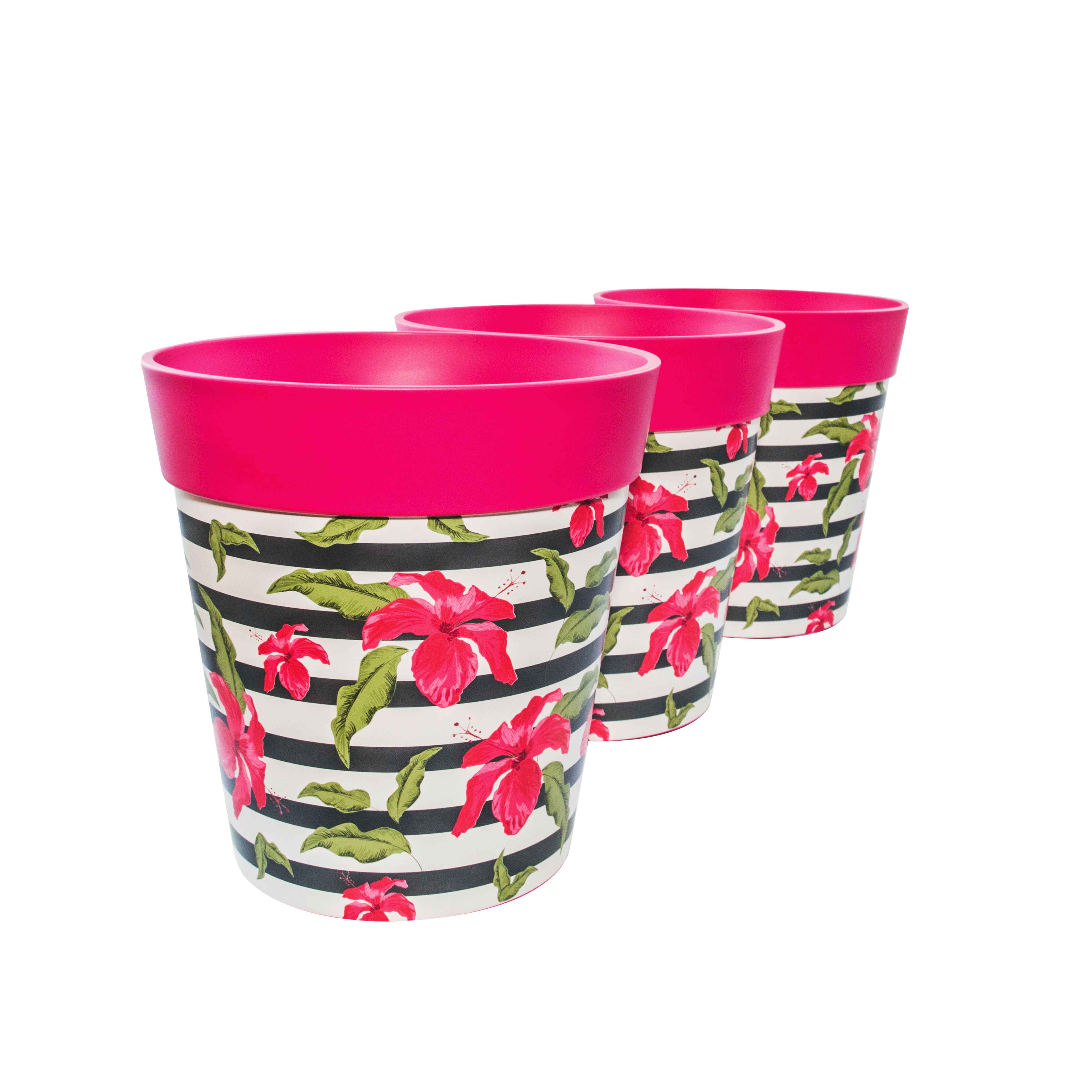 Picture of 3 Medium 22cm Plastic Pink Hibiscus Stripe Pattern Indoor/Outdoor Flowerpots