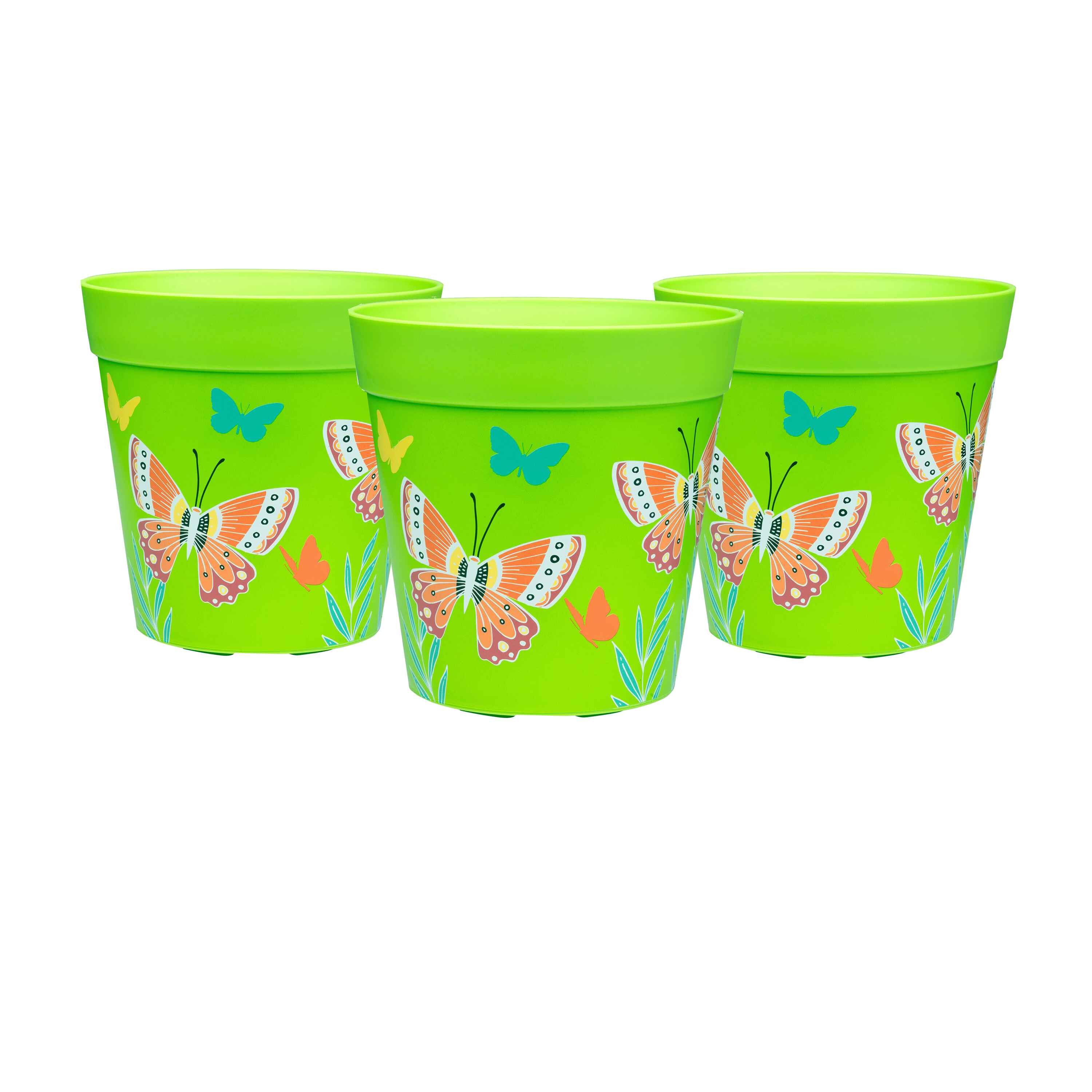 Picture of 3 Small 15cm Plastic Bight Green Butterflies Pattern Indoor/Outdoor Flowerpots