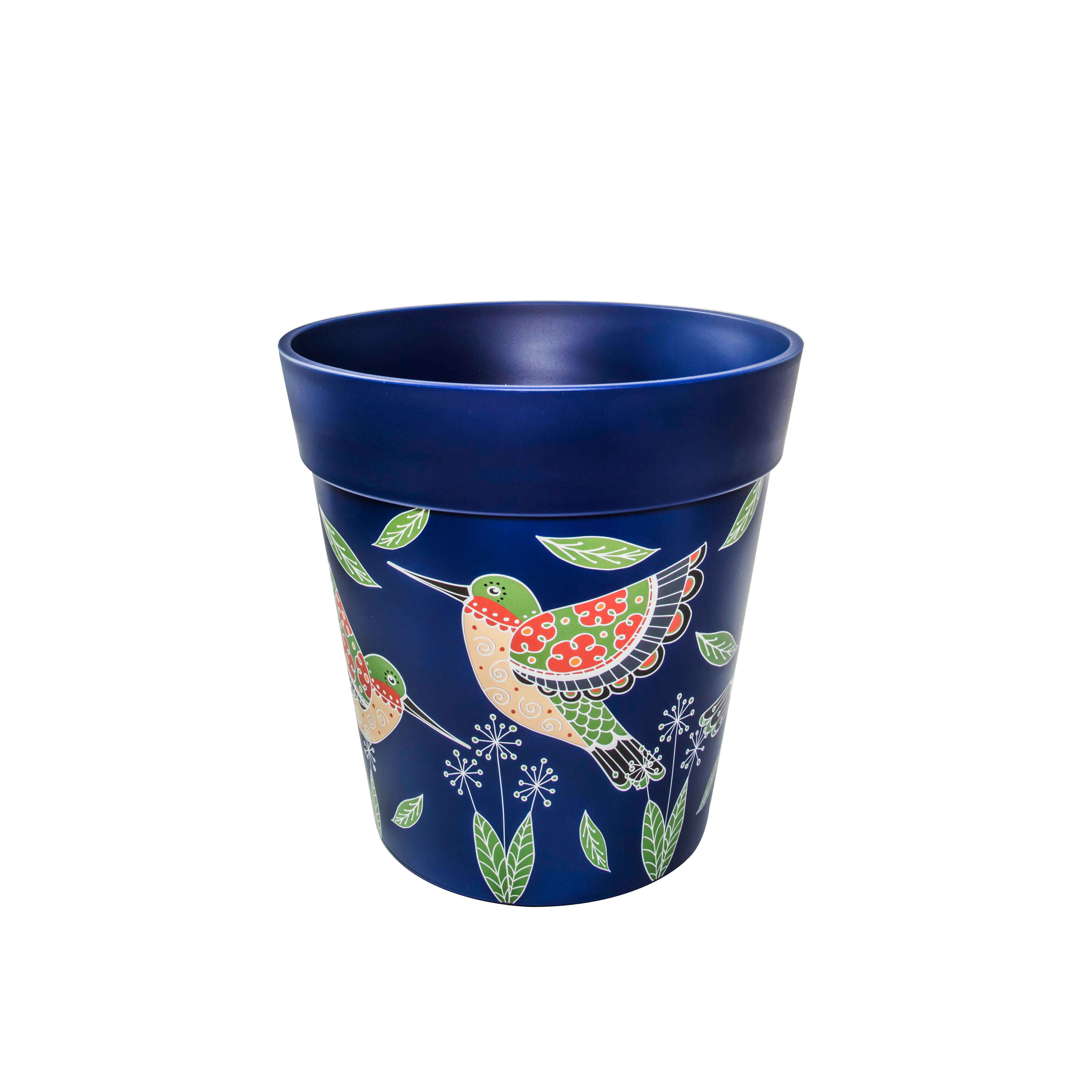 Picture of Medium 22cm Blue Hummingbird Pattern Plastic Indoor/Outdoor Flowerpot
