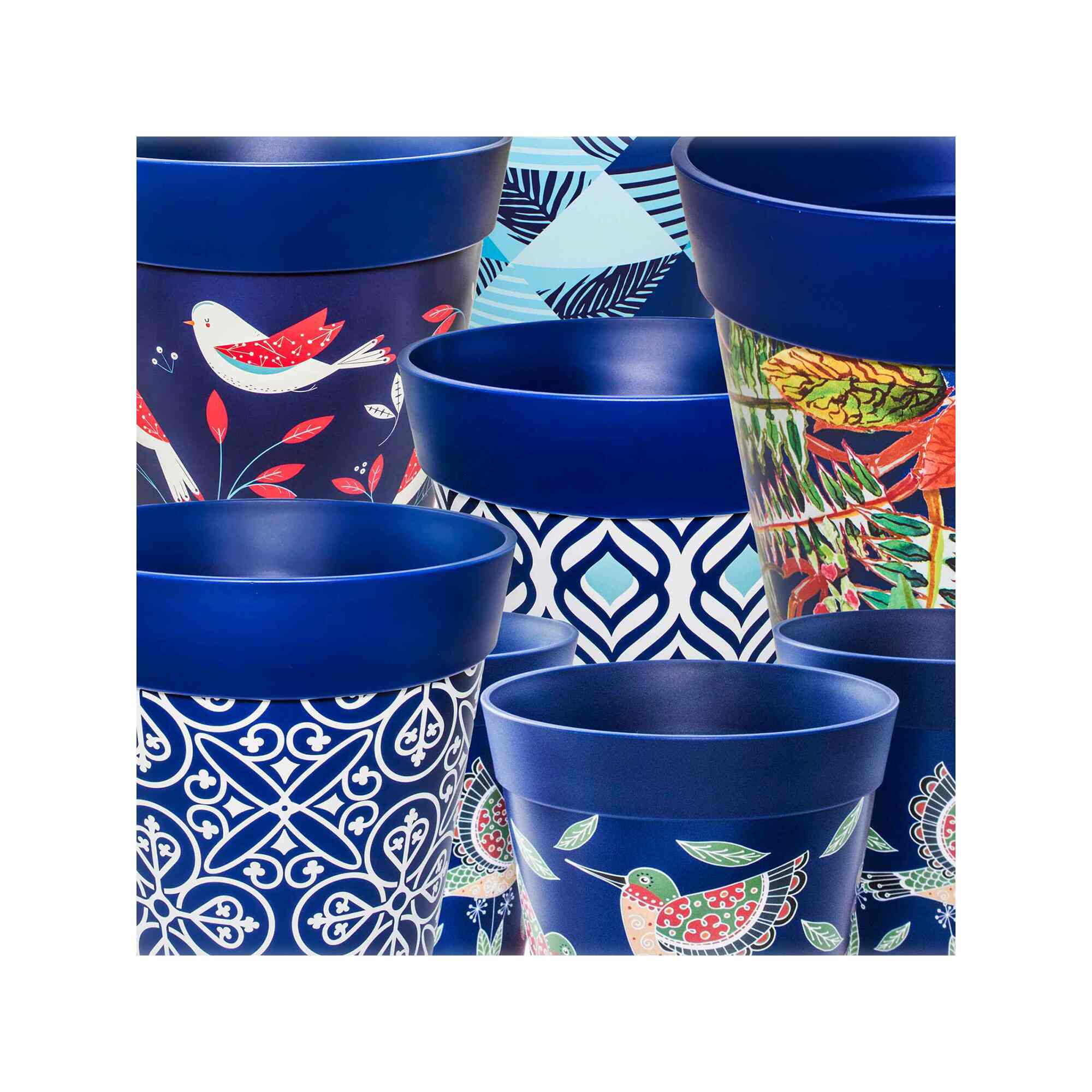 Plastic flowerpots in a range of blue designs
