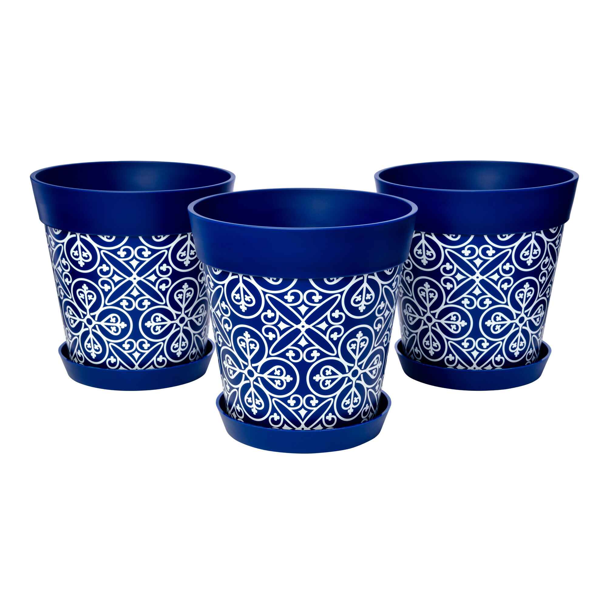 Picture of 3 Medium 22cm Blue Moroccan Style Indoor/Outdoor Flower Pot and Saucers