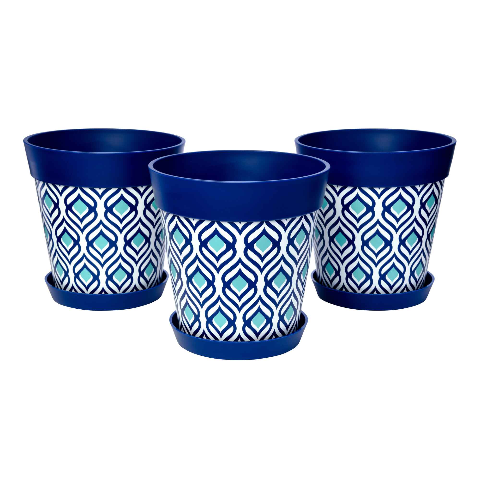 Picture of 3 Medium 22cm Blue Peacock Pattern Plastic Indoor/Outdoor Flowerpot and Saucers