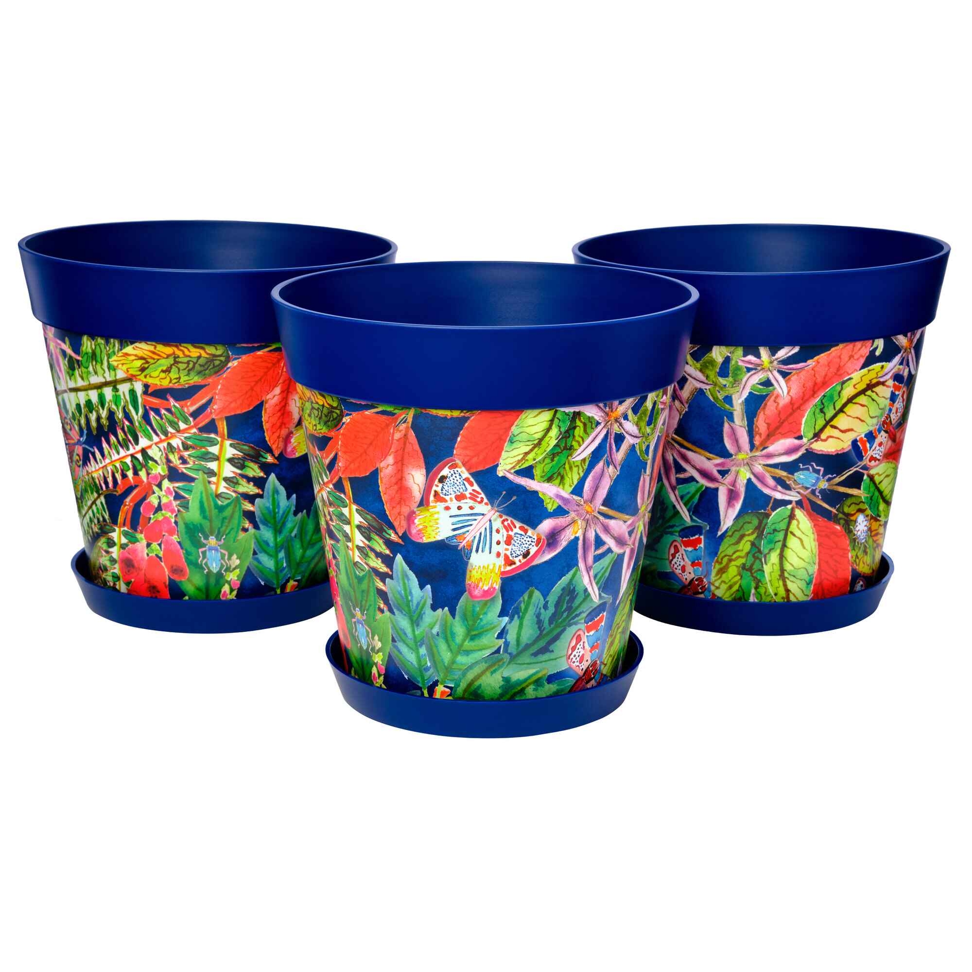 Picture of 3 Large 25cm Blue Leaves and Butterflies Pattern Indoor/Outdoor Flower Pot and Saucers