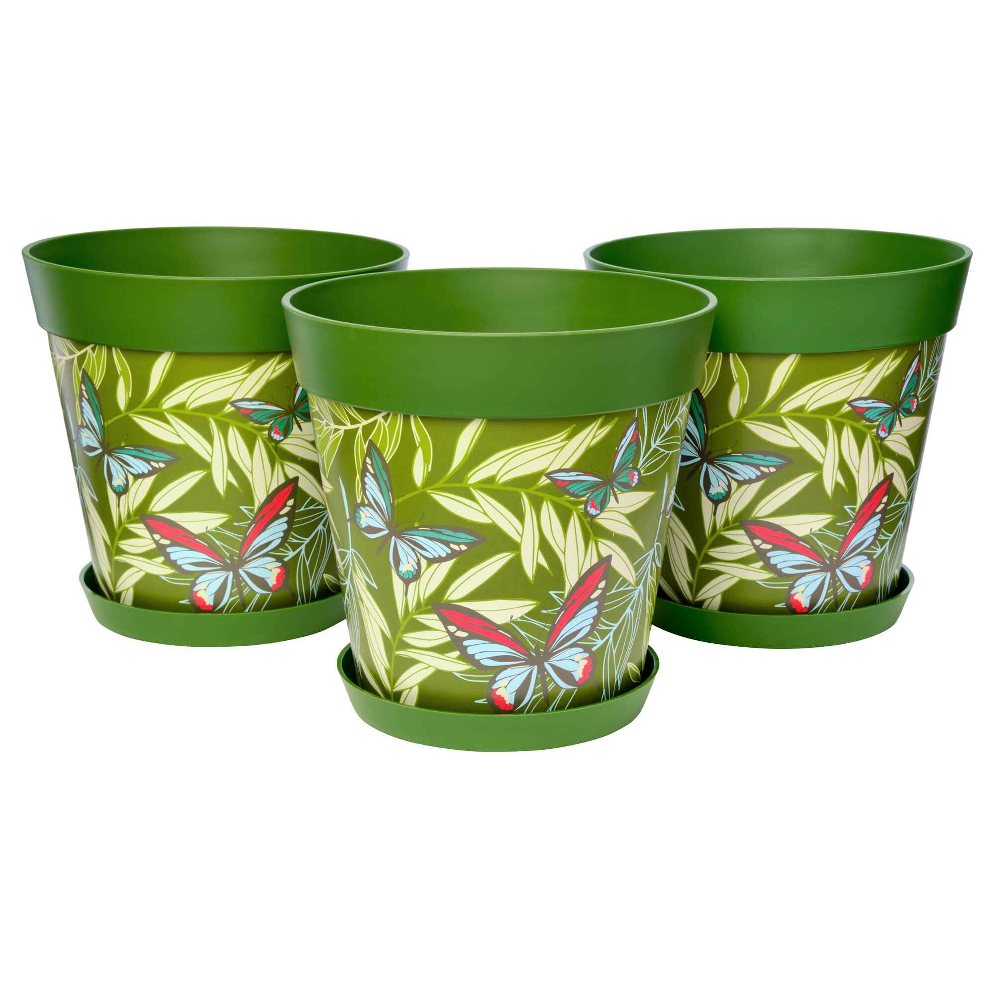 Picture of 3 Large 25cm Green Butterflies and Palm Leaves Pattern Indoor/Outdoor Flower Pot and Saucers