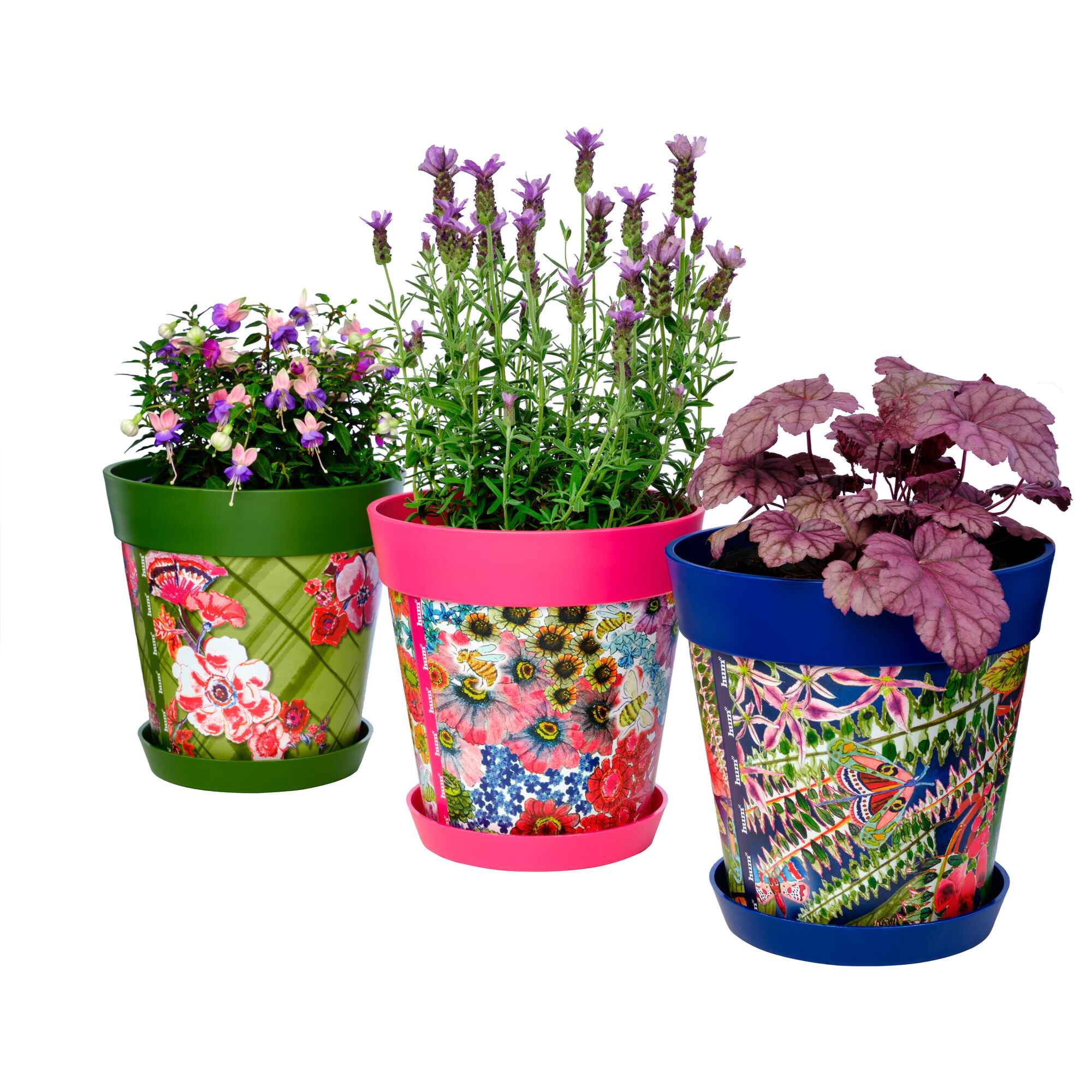 Picture of 3 Medium 22cm Plastic Multi Colour Floral Pattern Indoor/Outdoor Flowerpots with Saucers 