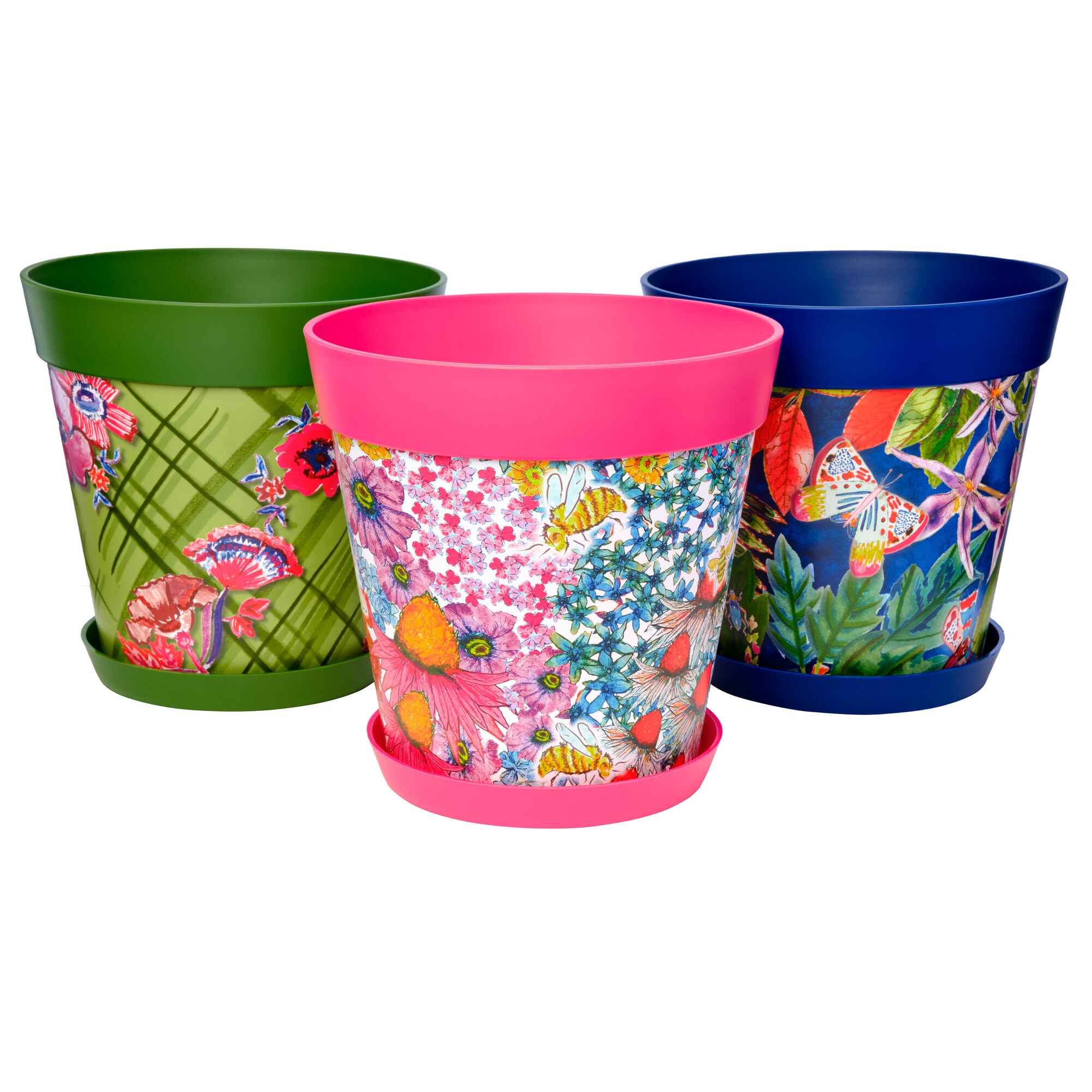 Picture of 3 Large 25cm Plastic Multi Colour Floral Pattern Indoor/Outdoor Flowerpots with Saucers