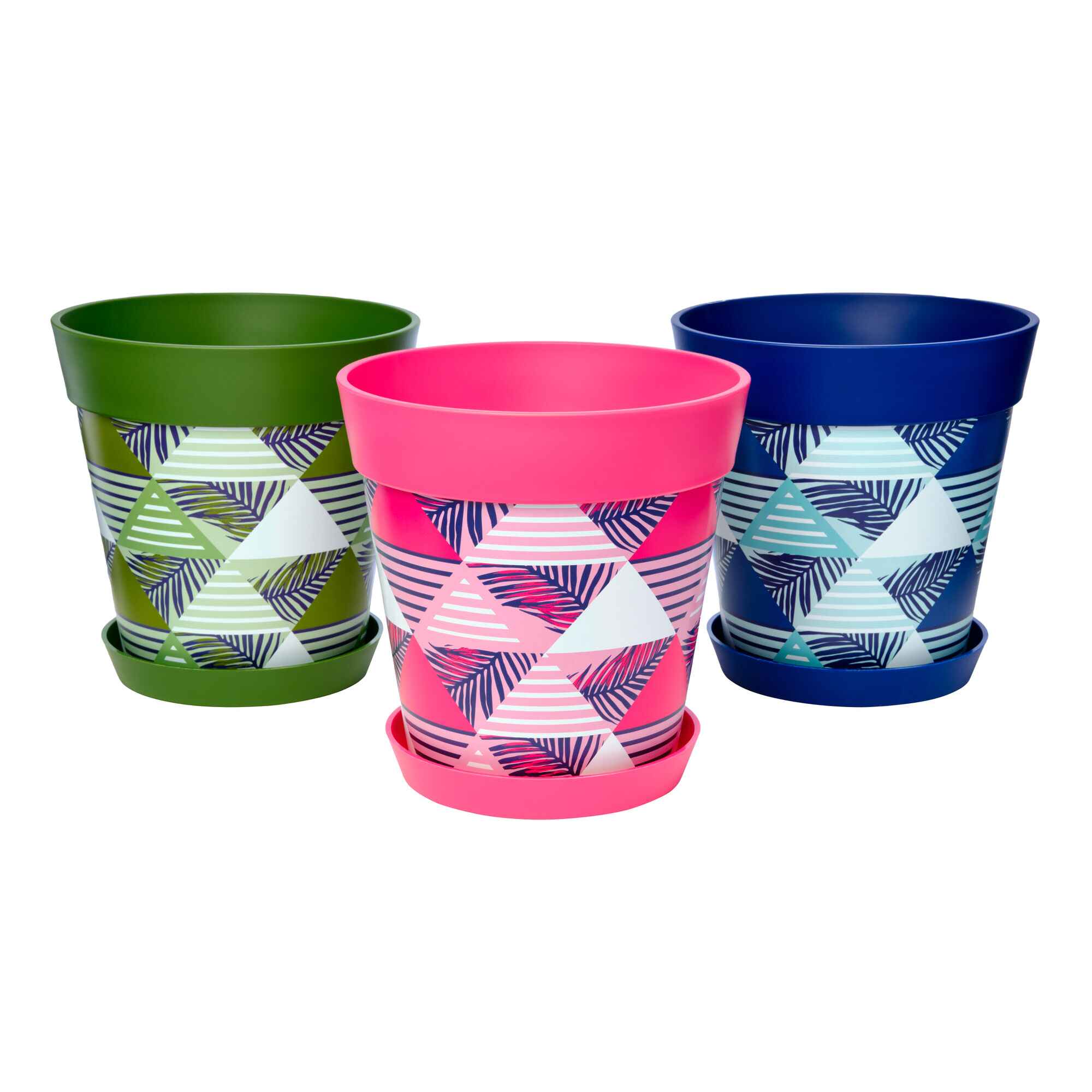 Picture of 3 Medium 22cm Plastic Multi Geometric Pattern Indoor/Outdoor Flowerpots with Saucers