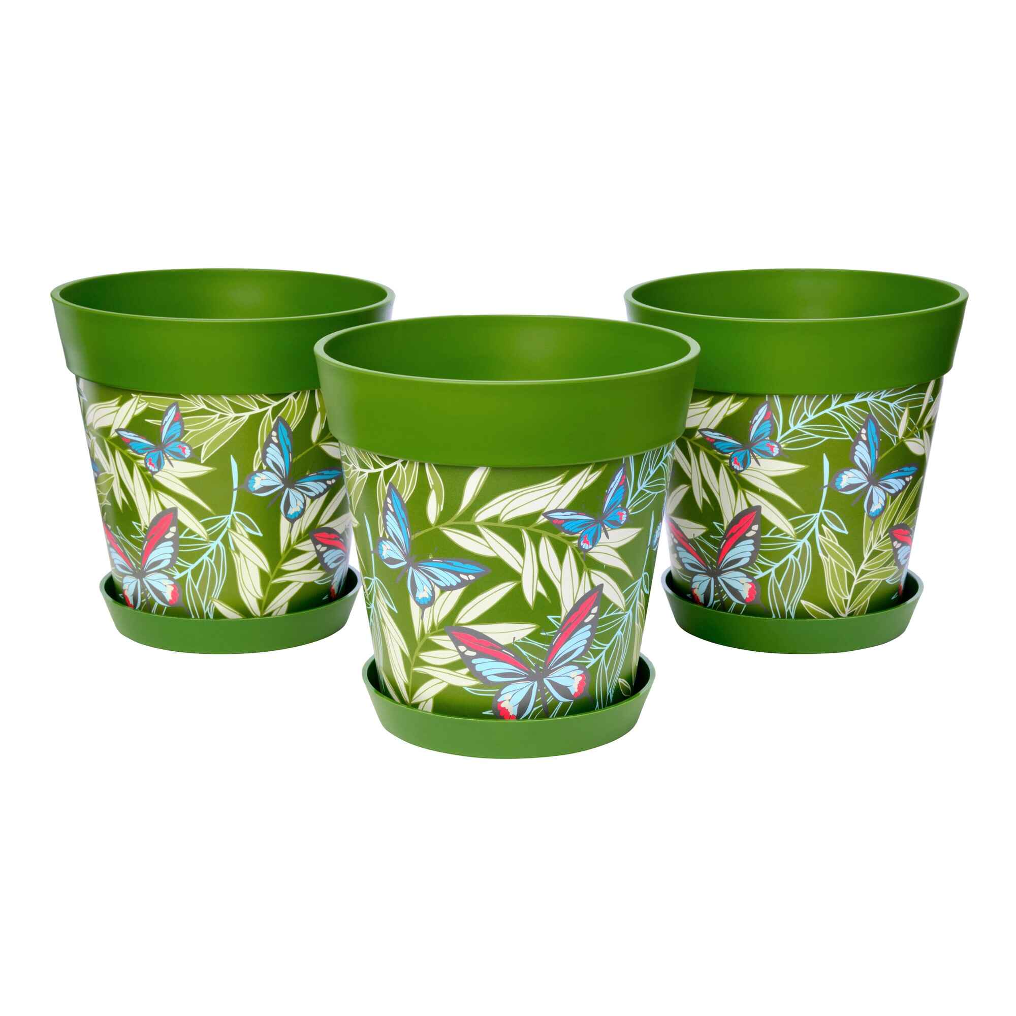 Picture of 3 Medium 22cm Green Butterflies and Palm Leaves Pattern Indoor/Outdoor Flower Pot and Saucers