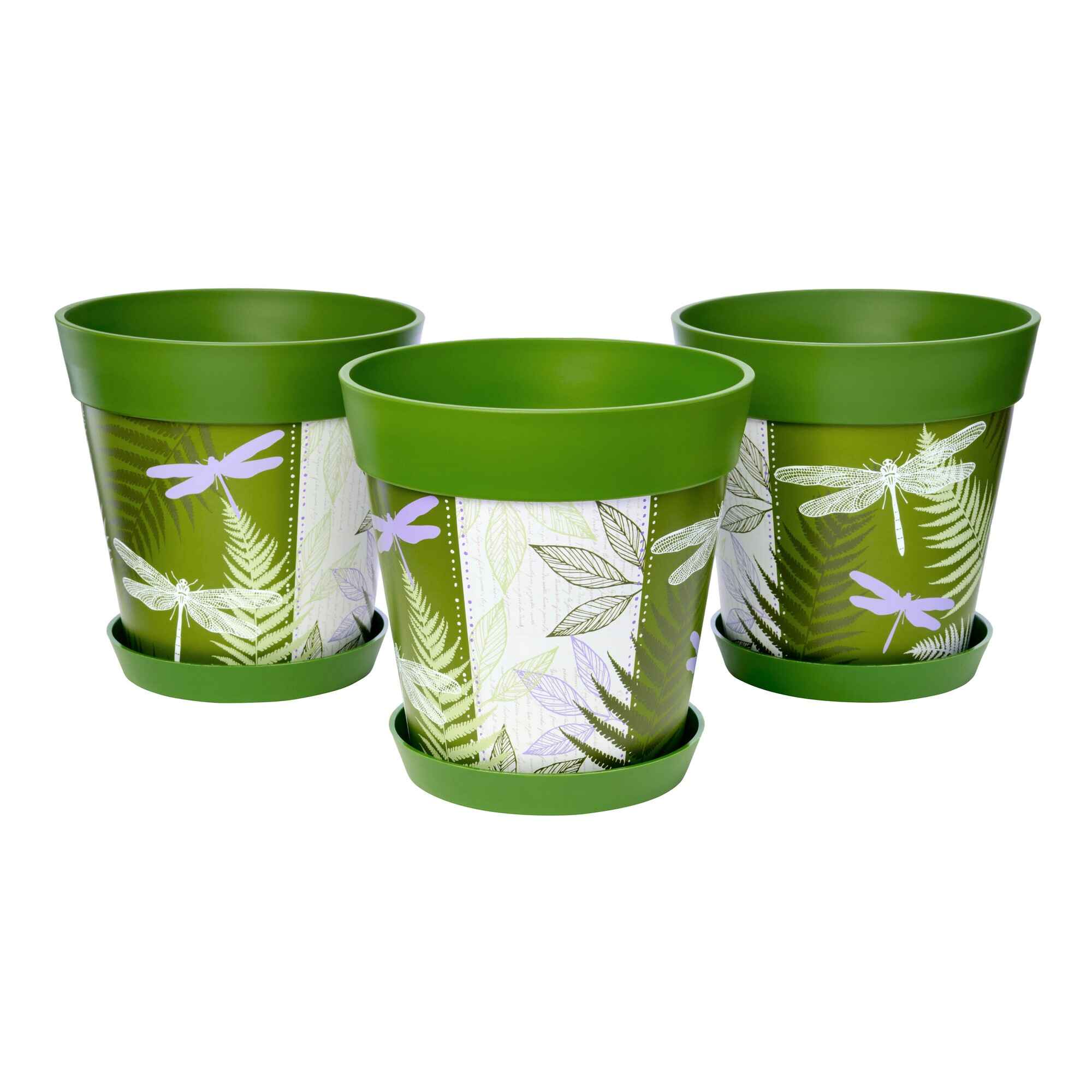 Picture of 3 Medium 22cm Green Dragonflies Pattern Indoor/Outdoor Flower Pot and Saucers