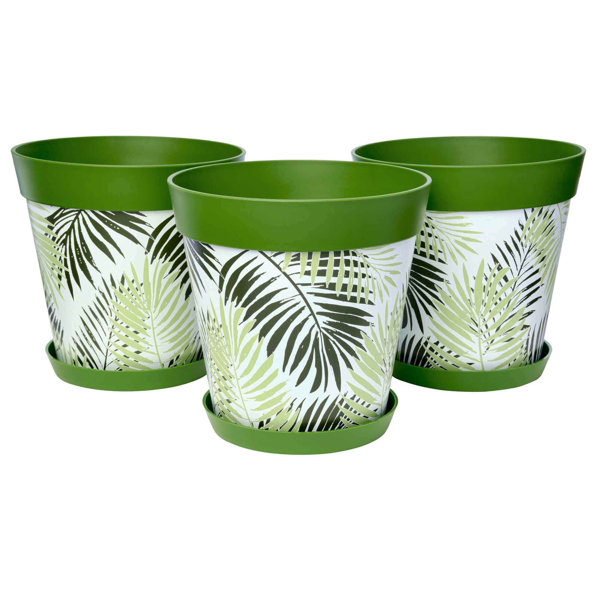 Picture of 3 Large 25cm Green Fern Leaves Pattern Indoor/Outdoor Flower Pot and Saucers