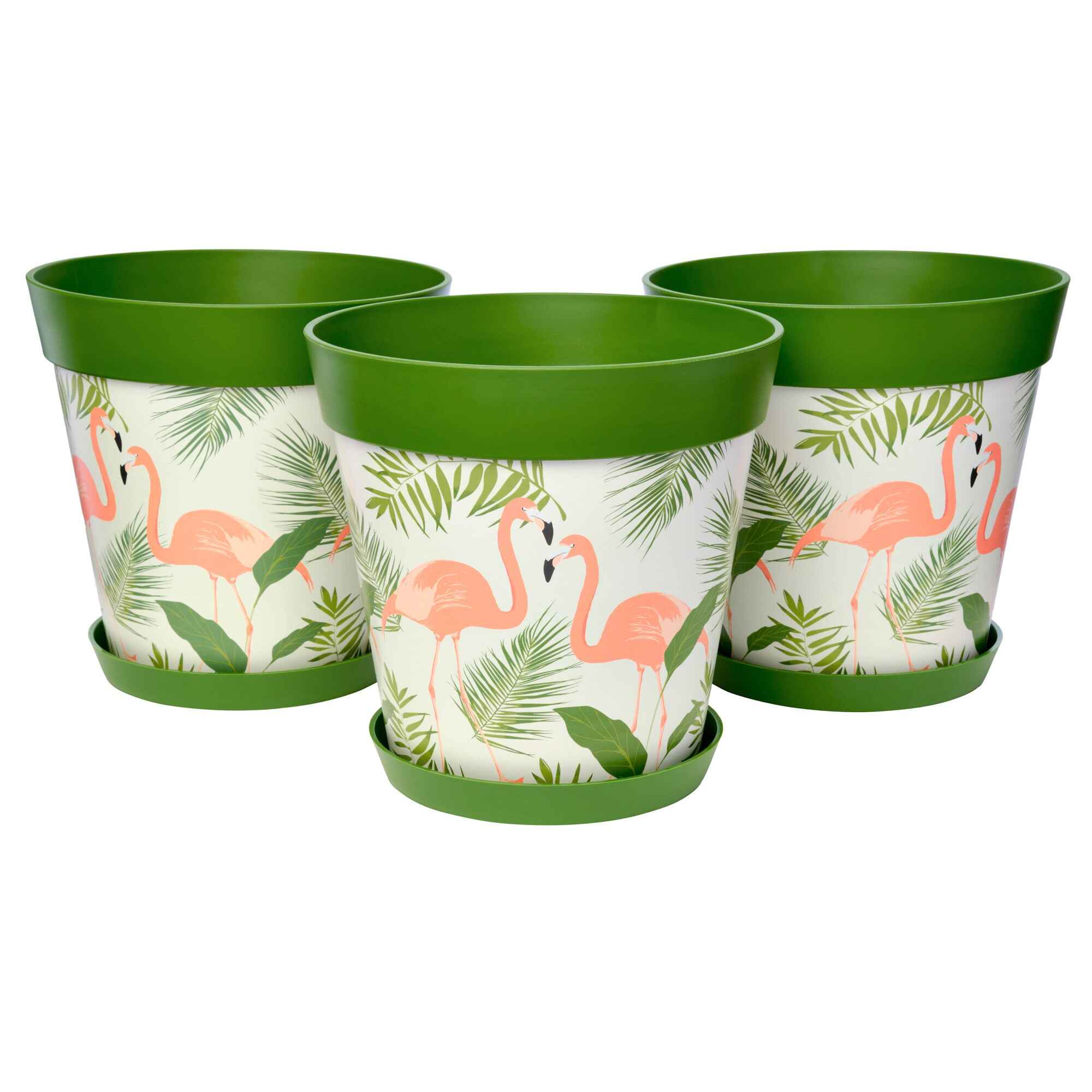 Picture of 3 Large 25cm Green Flamingos Pattern Indoor/Outdoor Flower Pot and Saucers 