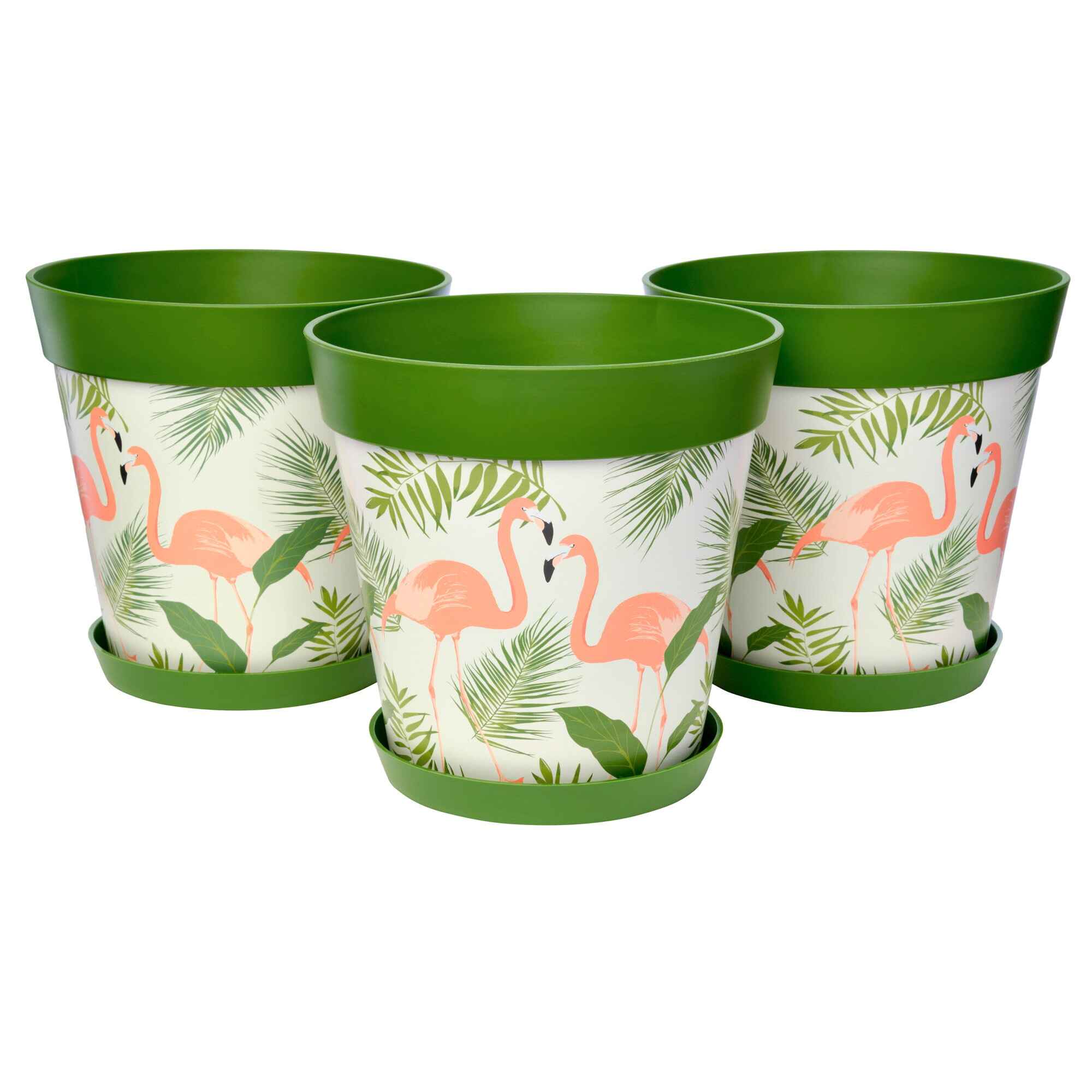 Picture of 3 Large 25cm Green Flamingos Pattern Indoor/Outdoor Flower Pot and Saucers