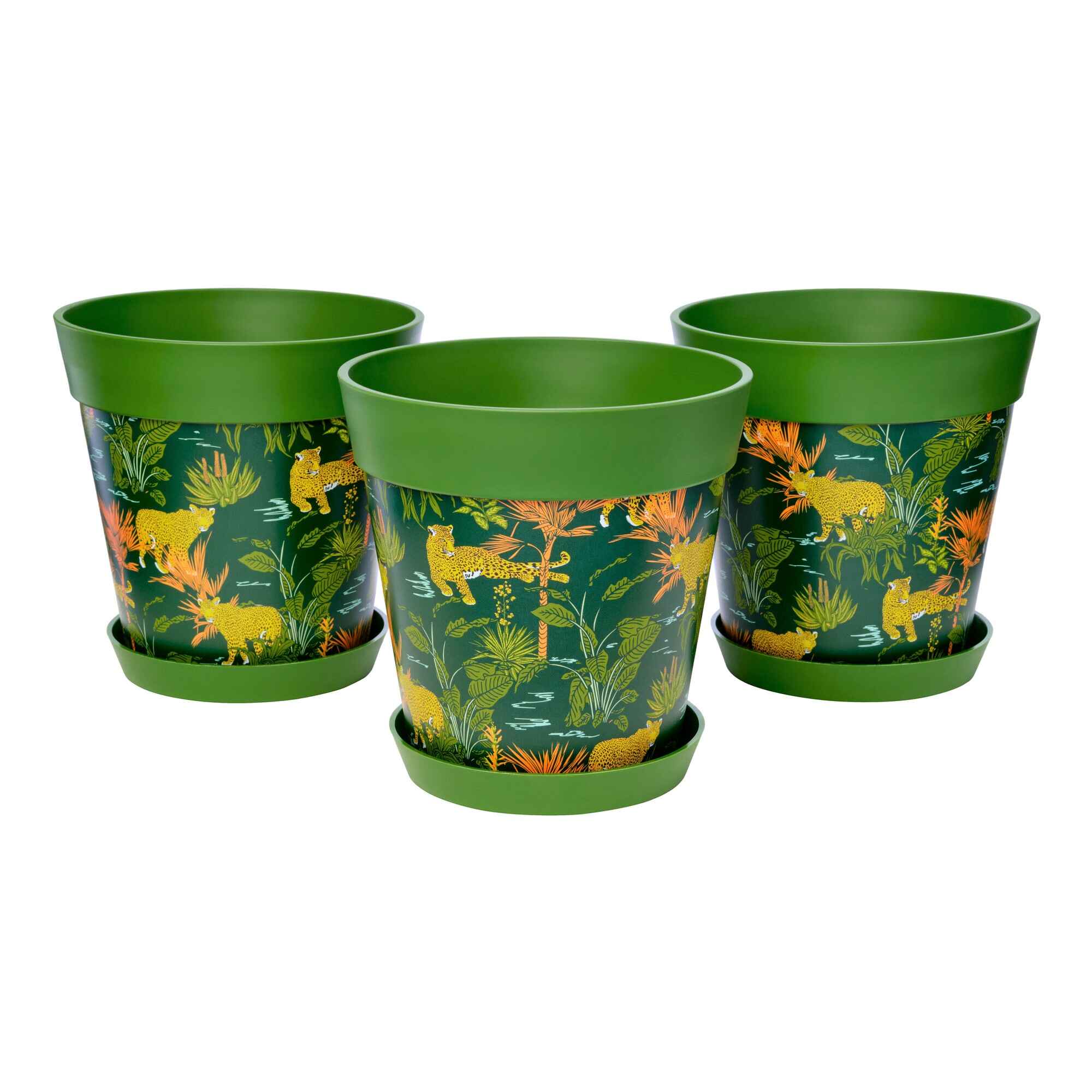 Picture of 3 Medium 22cm Green Jungle and Leopard Pattern Indoor/Outdoor Flower Pot and Saucers 