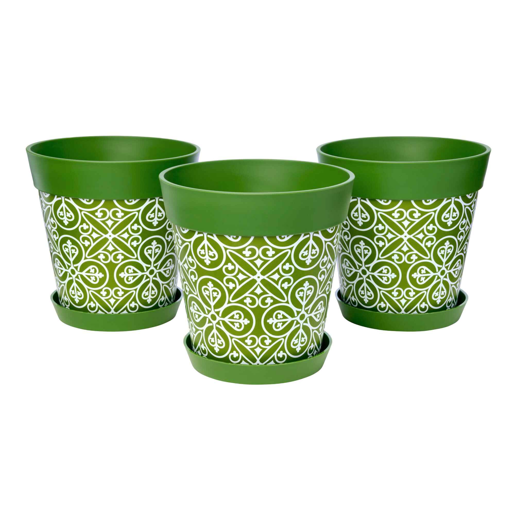 Picture of 3 Medium 22cm Green Moroccan Style Indoor/Outdoor Flower Pot and Saucers