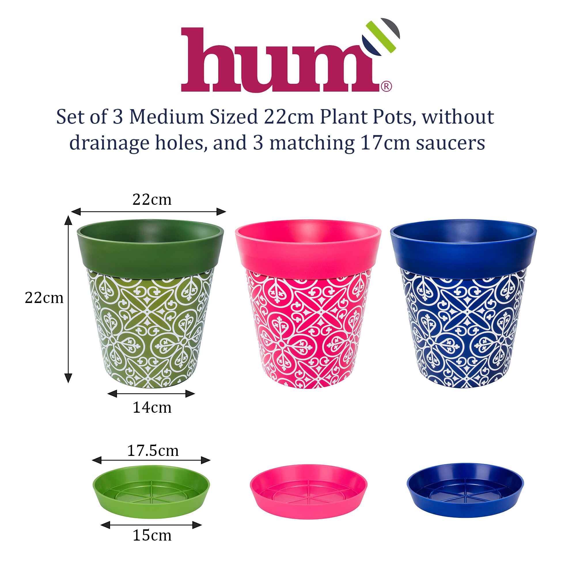 A diagram showing three plant pots with matching saucers in blue green and pink geometric patterns, showing their dimensions