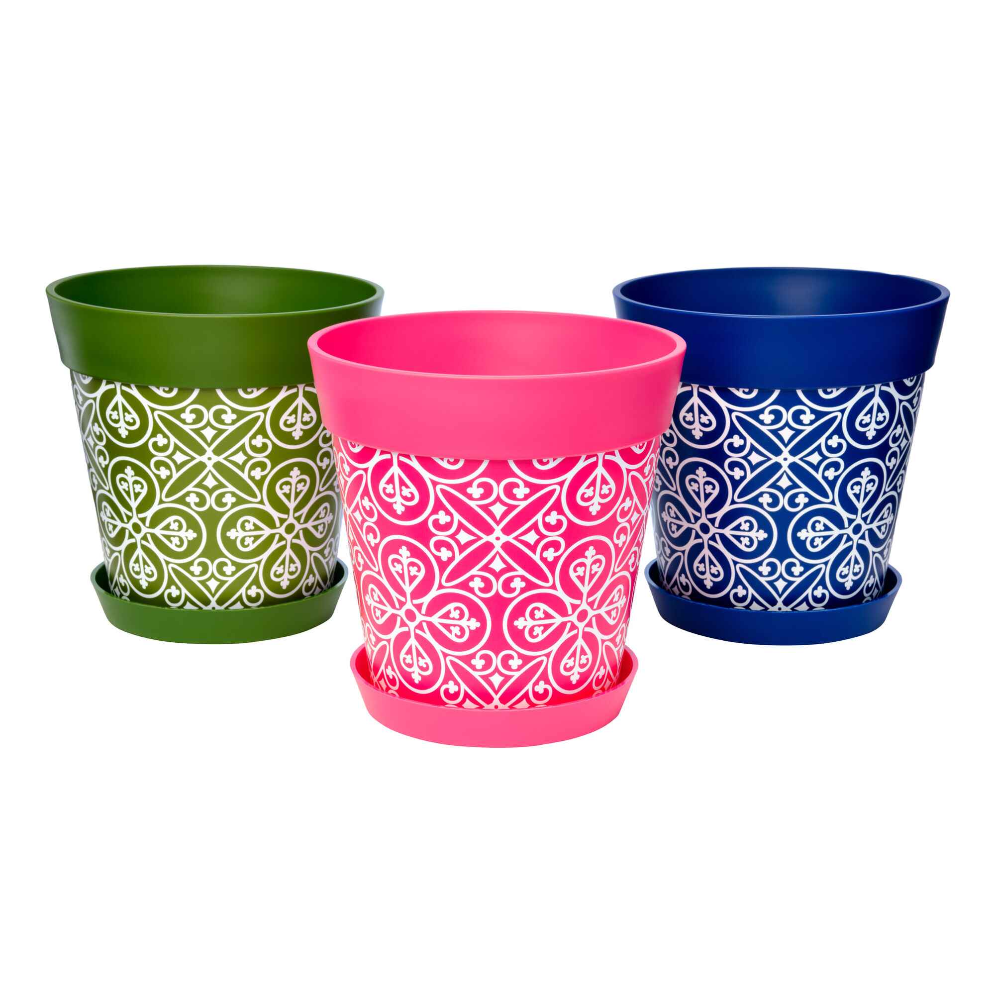 Picture of 3 Medium 22cm Plastic Multi Colour Moroccan Style Indoor/Outdoor Flowerpots with Saucers