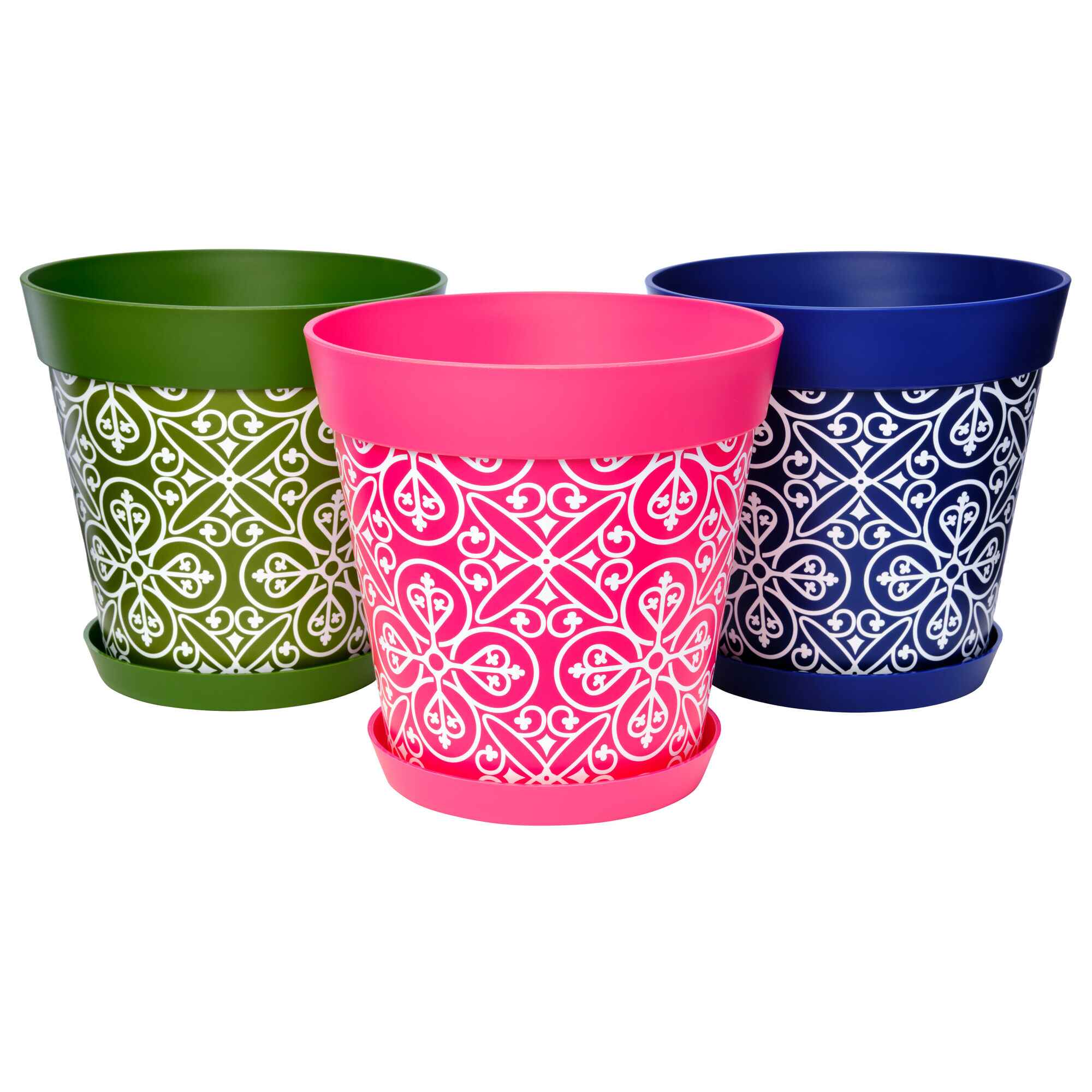Picture of 3 Large 25cm Plastic Multi Colour Moroccan Style Indoor/Outdoor Flowerpots with Saucers