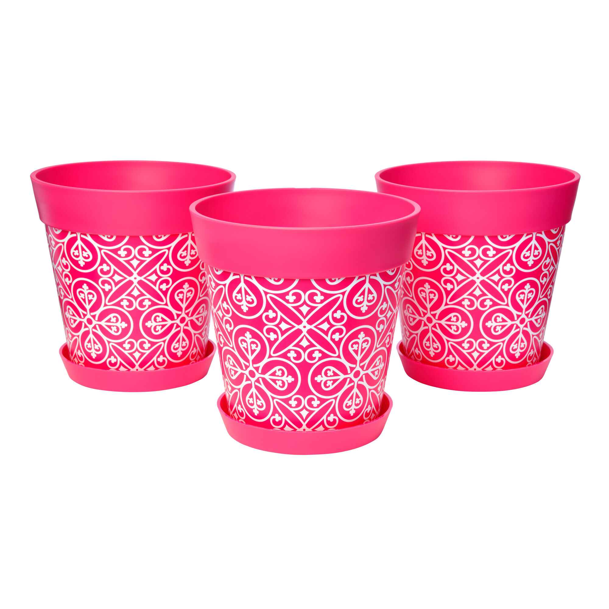 Picture of 3 Medium 22cm Plastic Pink Moroccan Style Indoor/Outdoor Flowerpots with Saucers