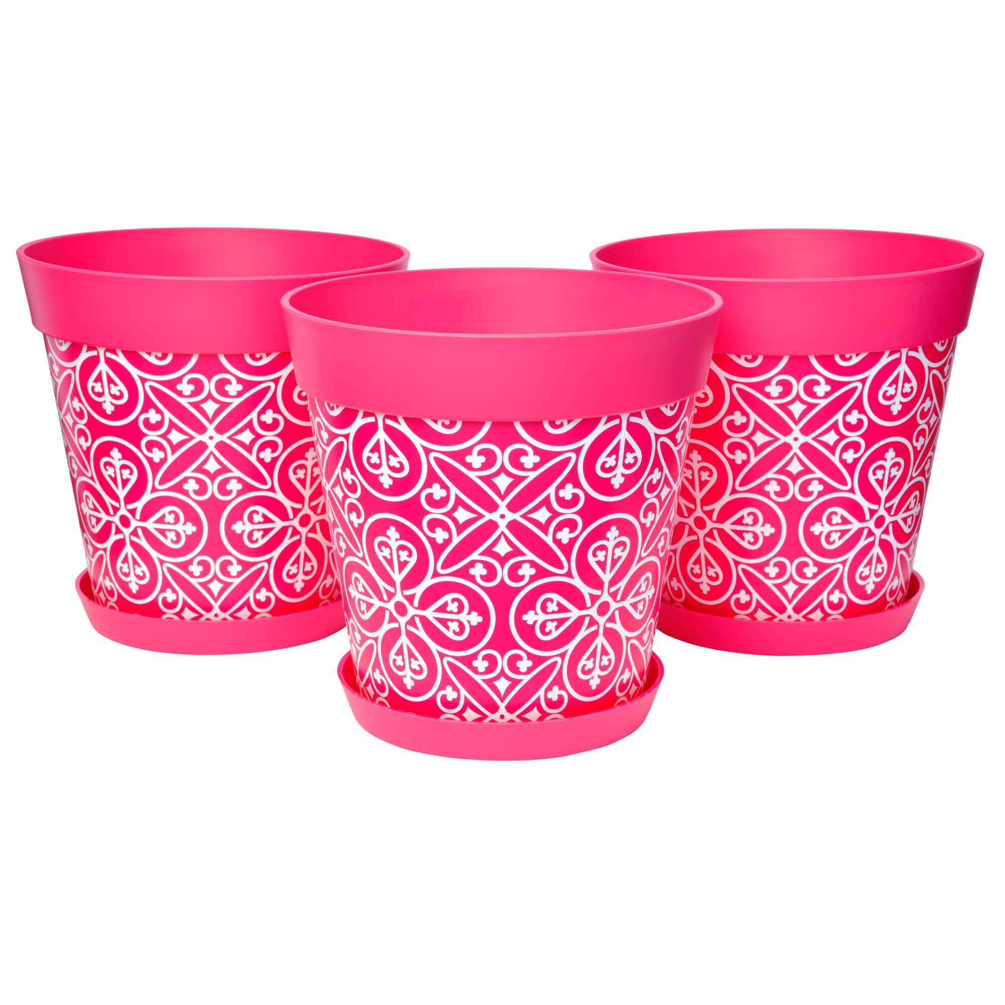 Picture of 3 Large 25cm Plastic Pink Moroccan Style Indoor/Outdoor Flowerpots with Saucers