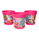 Picture of 3 Medium 22cm Plastic Pink Flowers and Bees Pattern Indoor/Outdoor Flowerpots with Saucers