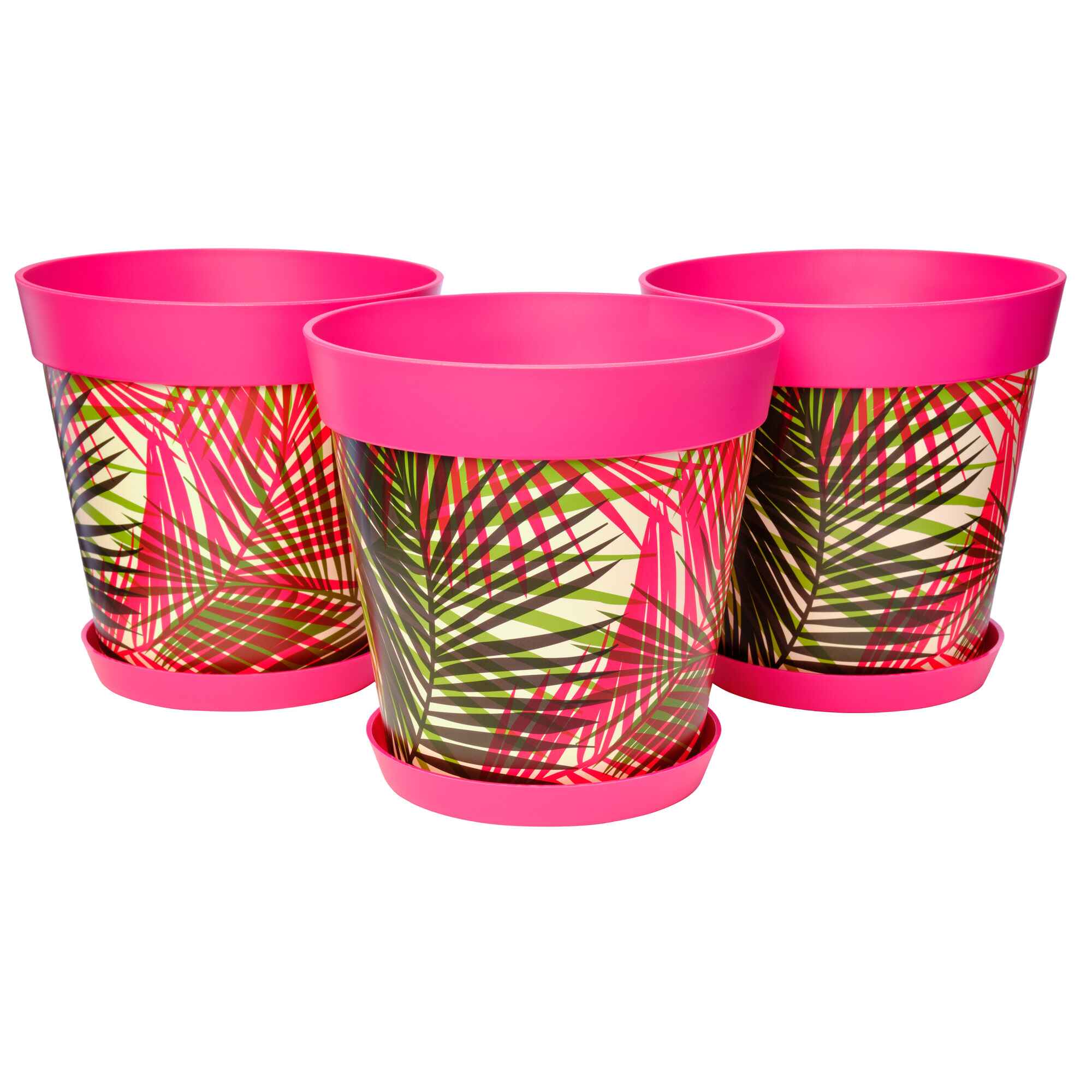 Picture of 3 Large 25cm Plastic Pink Palm Leaves Pattern Indoor/Outdoor Flowerpots with Saucers