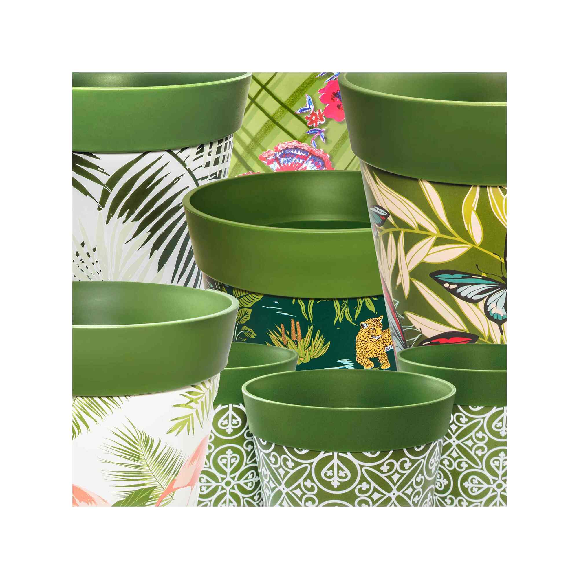 Plastic flowerpots in a range of green designs