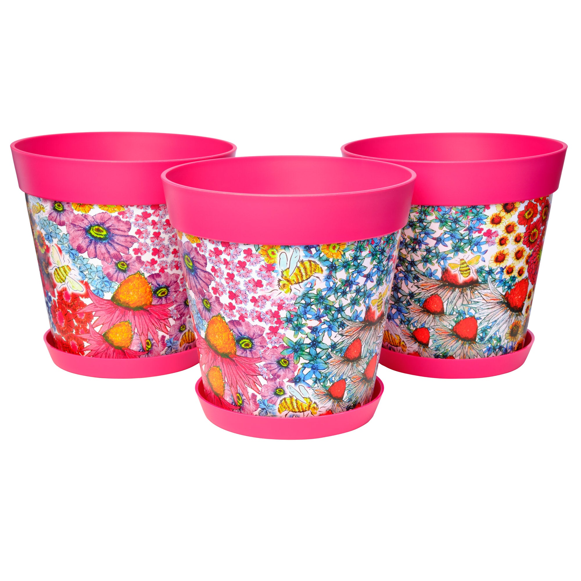 Picture of 3 Large 25cm Plastic Pink Flowers and Bees Pattern Indoor/Outdoor Flowerpots with Saucers