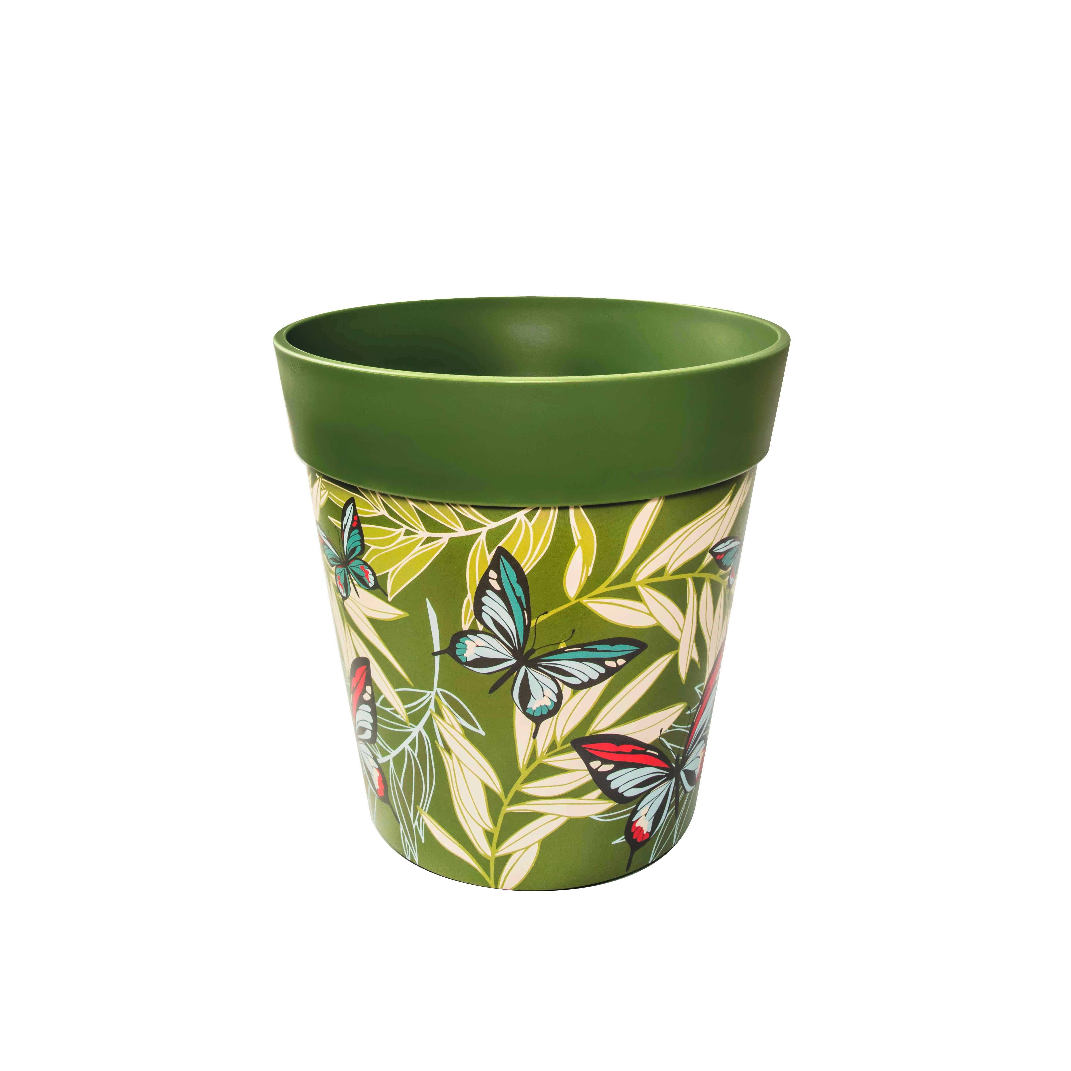Picture of Medium 22cm Green Butterfly and Palm Leaves  Pattern Plastic Indoor/Outdoor Flowerpot