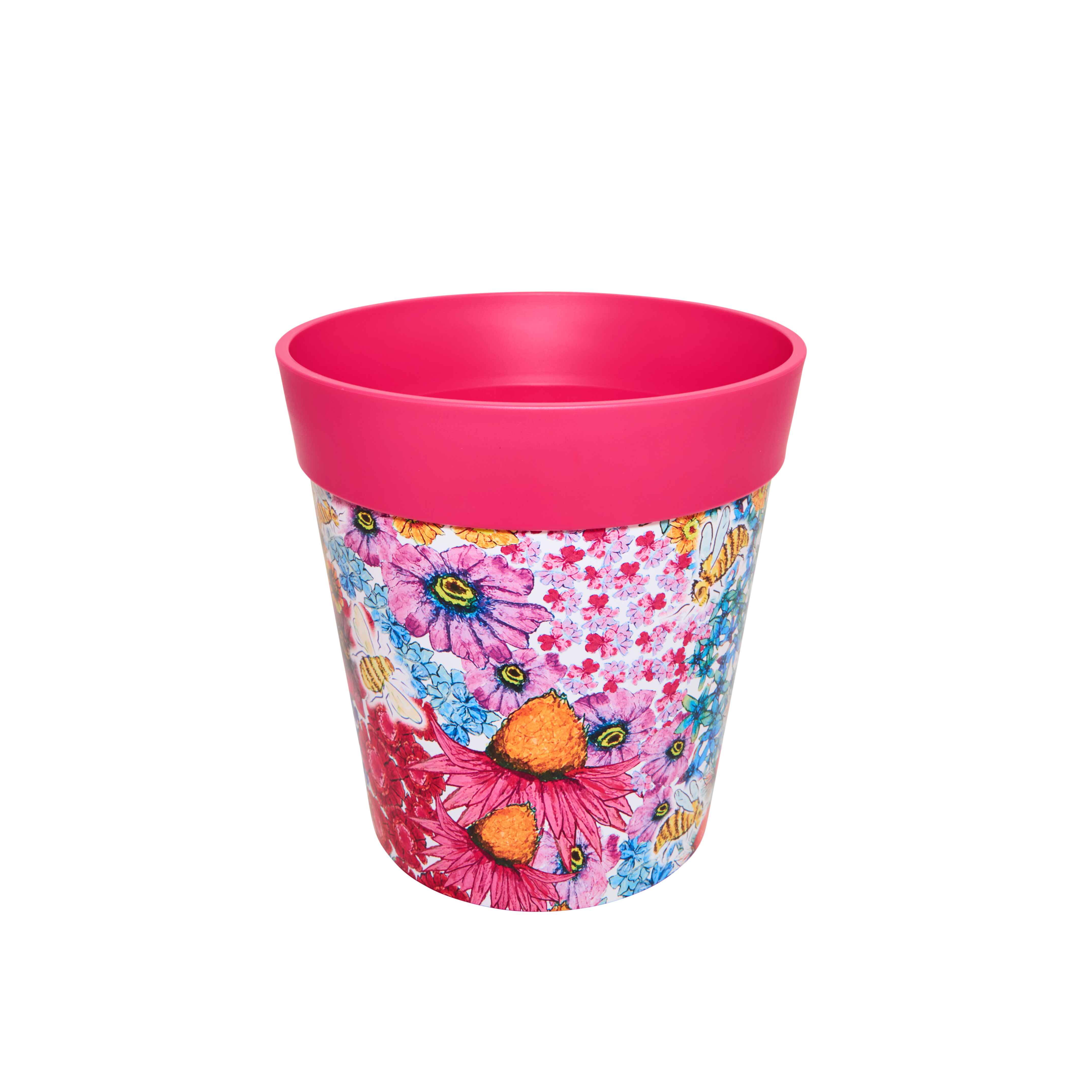 Picture of Medium 22cm Plastic Pink Flowers and Bees Pattern Indoor/Outdoor Flower Pots
