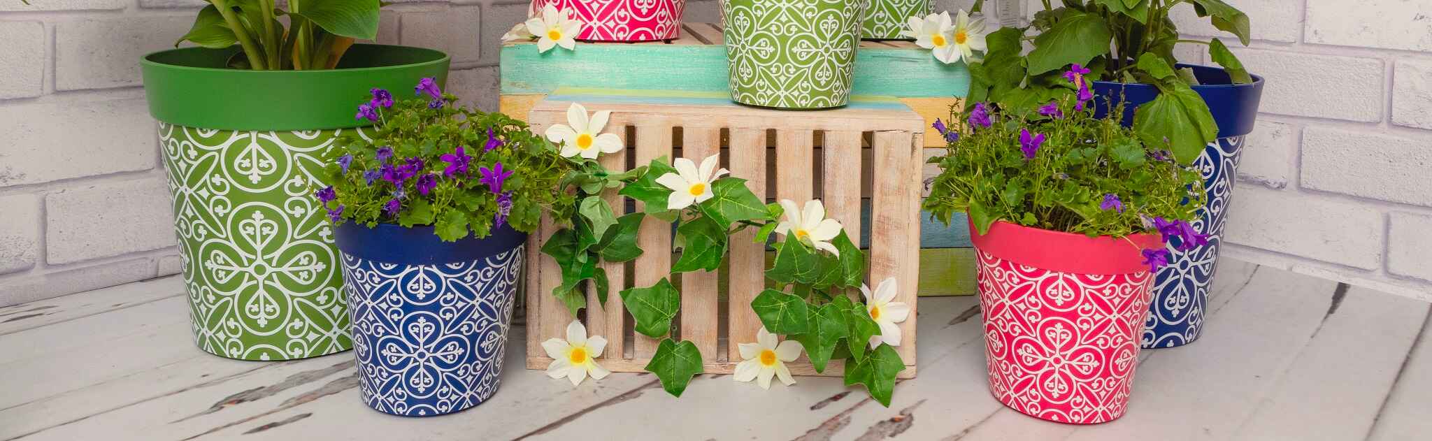 A group of Hum Flowerpots plastic plant pots in blue pink and green