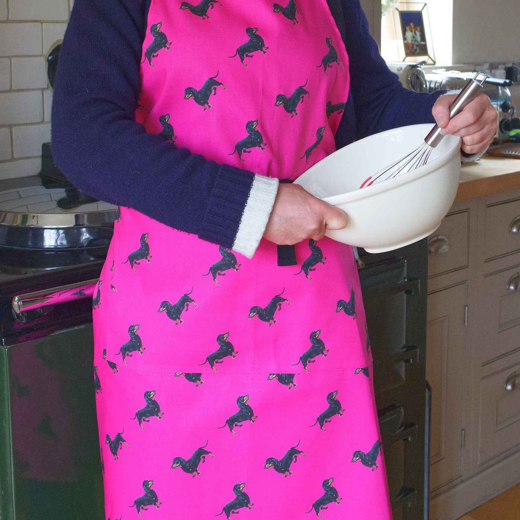 pink apron with dachsund sausage dog pattern