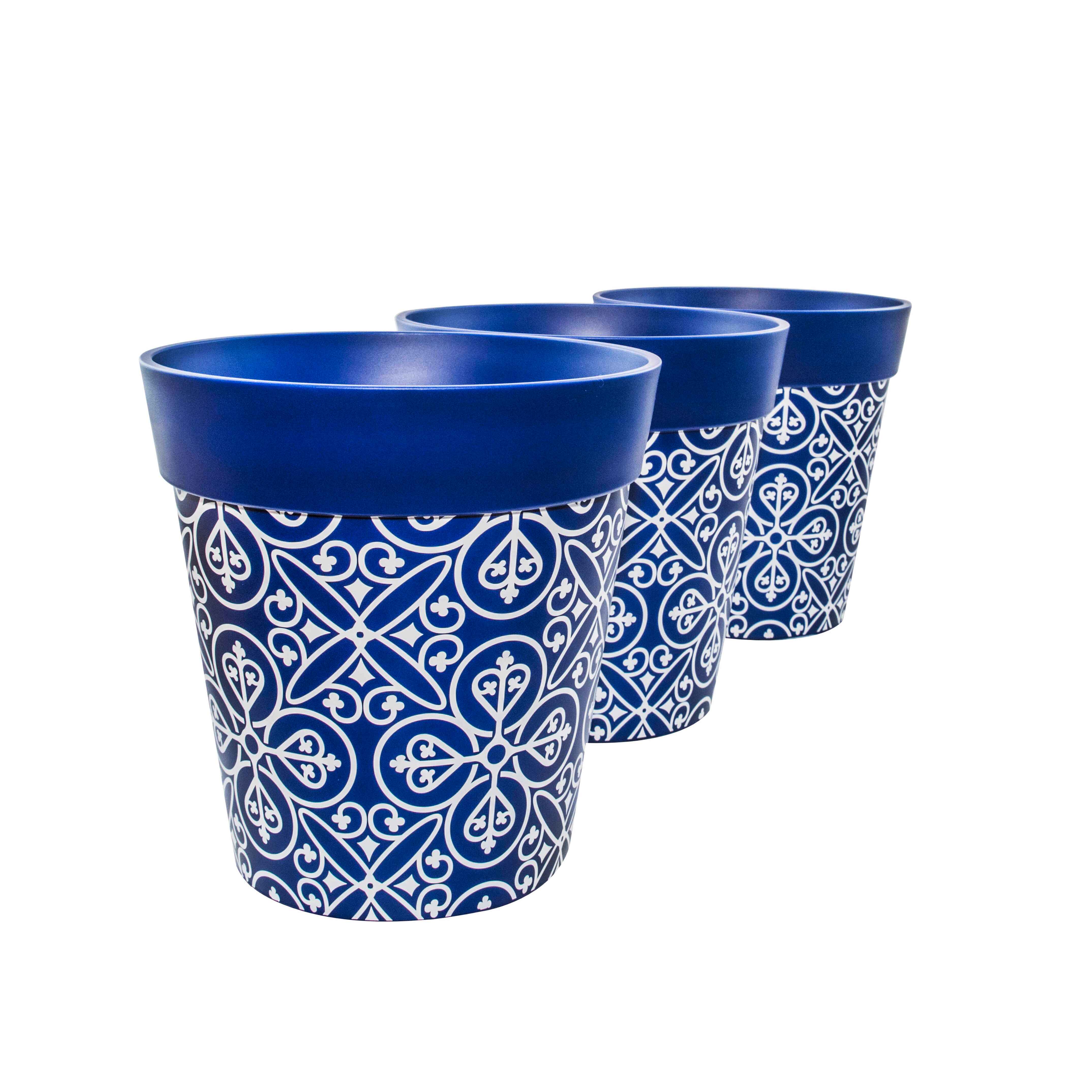 Picture of 3 Medium 22cm Blue Moroccan Style Plastic Indoor/Outdoor Flowerpots