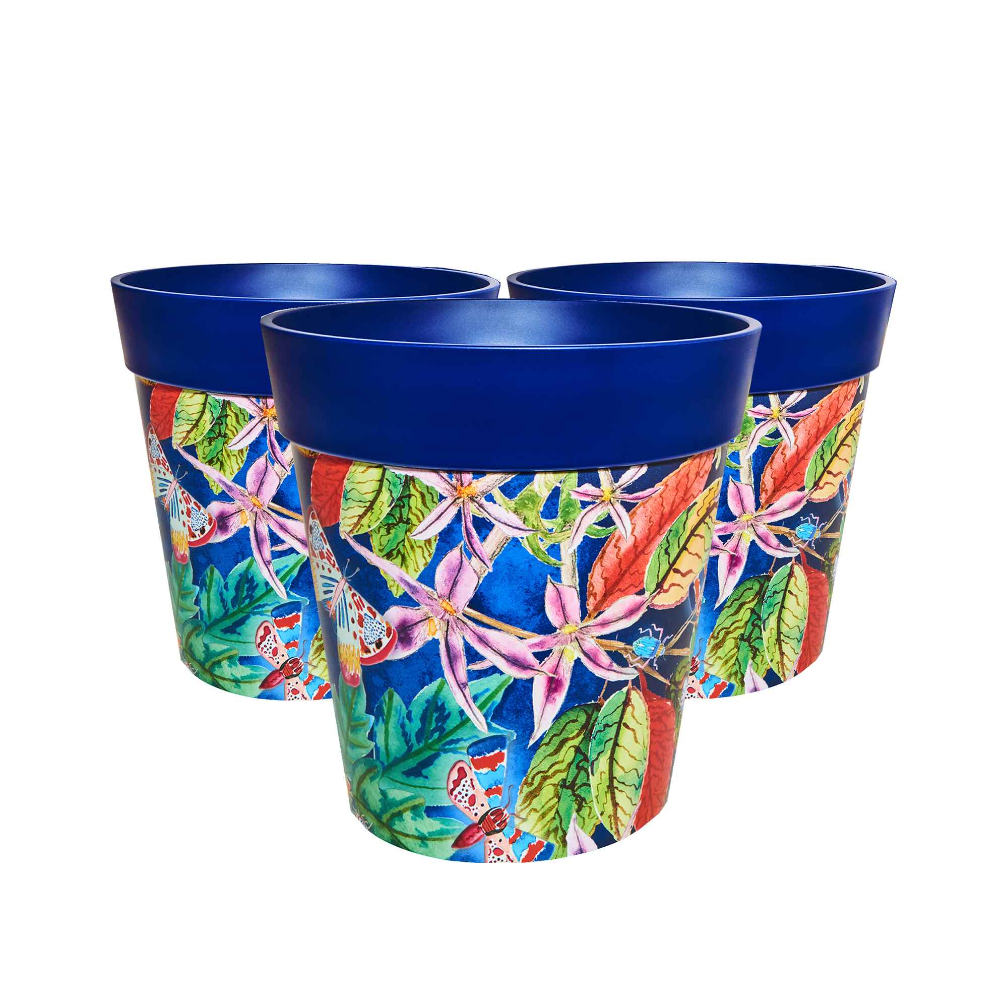 Picture of 3 Large 25cm Blue Leaves and Butterflies Plastic Indoor/Outdoor Flowerpots