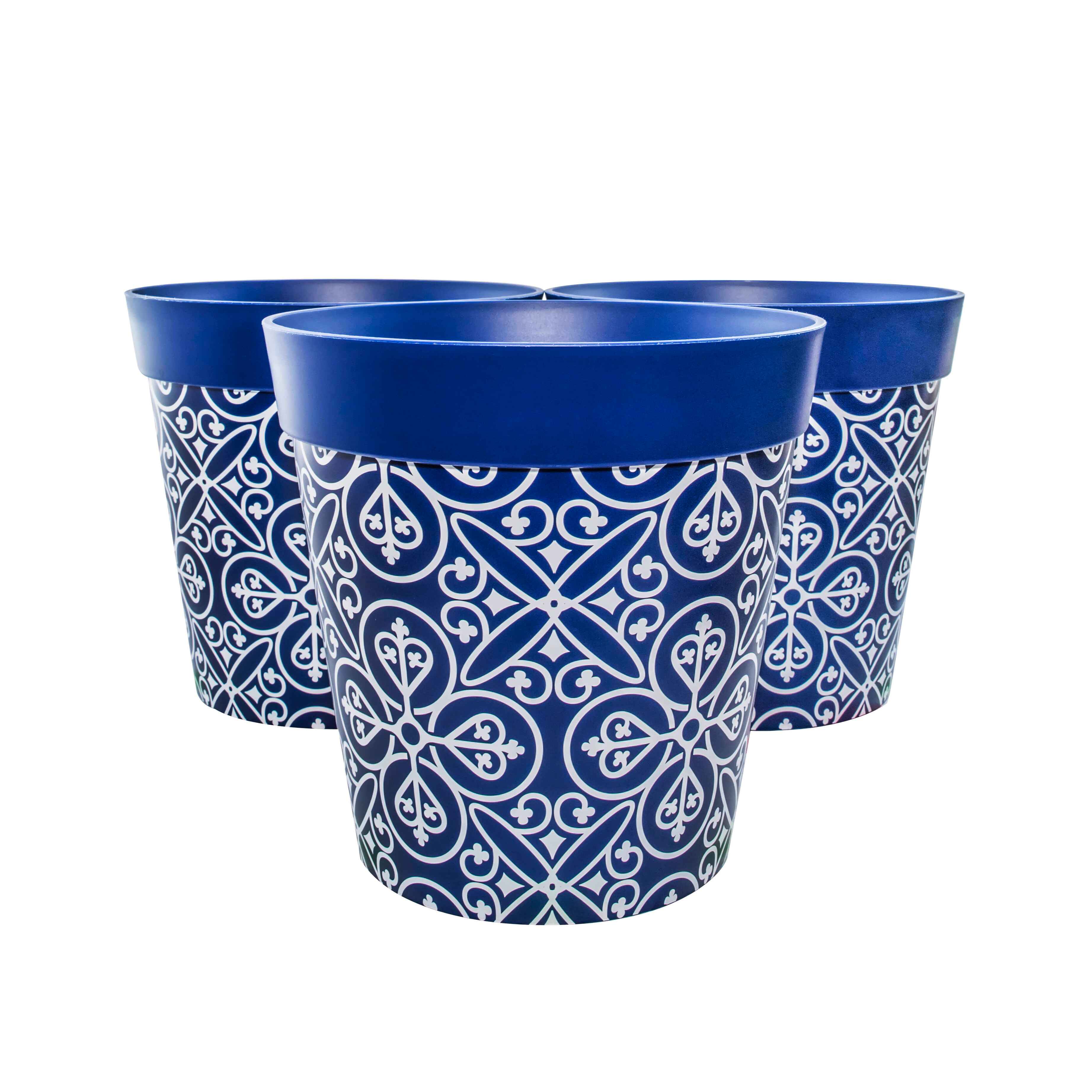Picture of 3 Large 25cm Blue Moroccan Style Plastic Indoor/Outdoor Flowerpots