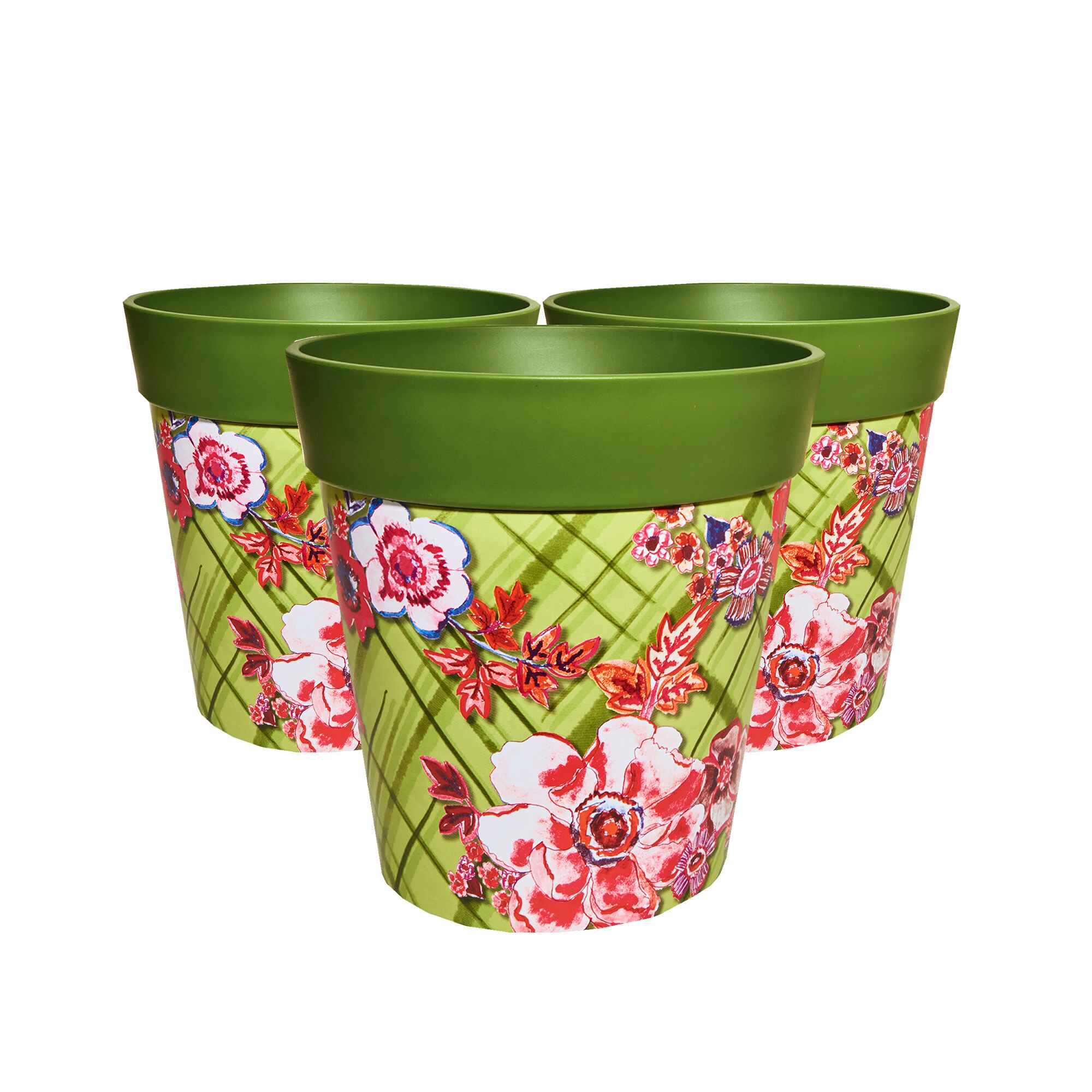 Picture of 3 Large 25cm Green Trellis Pattern Plastic Indoor/Outdoor Flowerpots