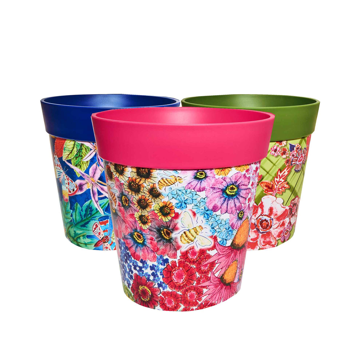 Hum Flowerpots Set of 3 Large Plastic Multi Floral Indoor/Outdoor Pots 25cm x 25cm ...