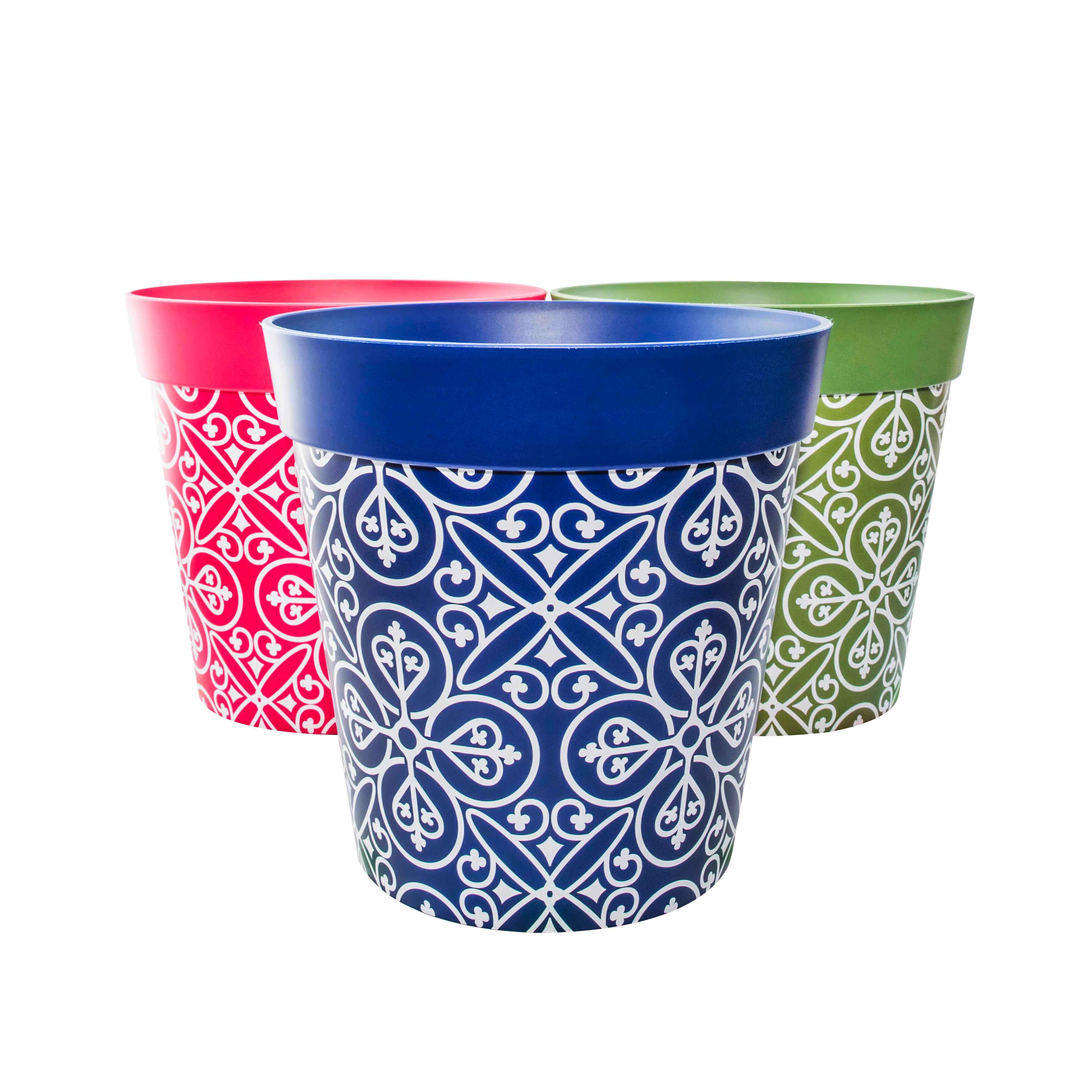 Picture of 3 Large 25cm Plastic Multi Colour Moroccan Style Indoor/Outdoor Flowerpots
