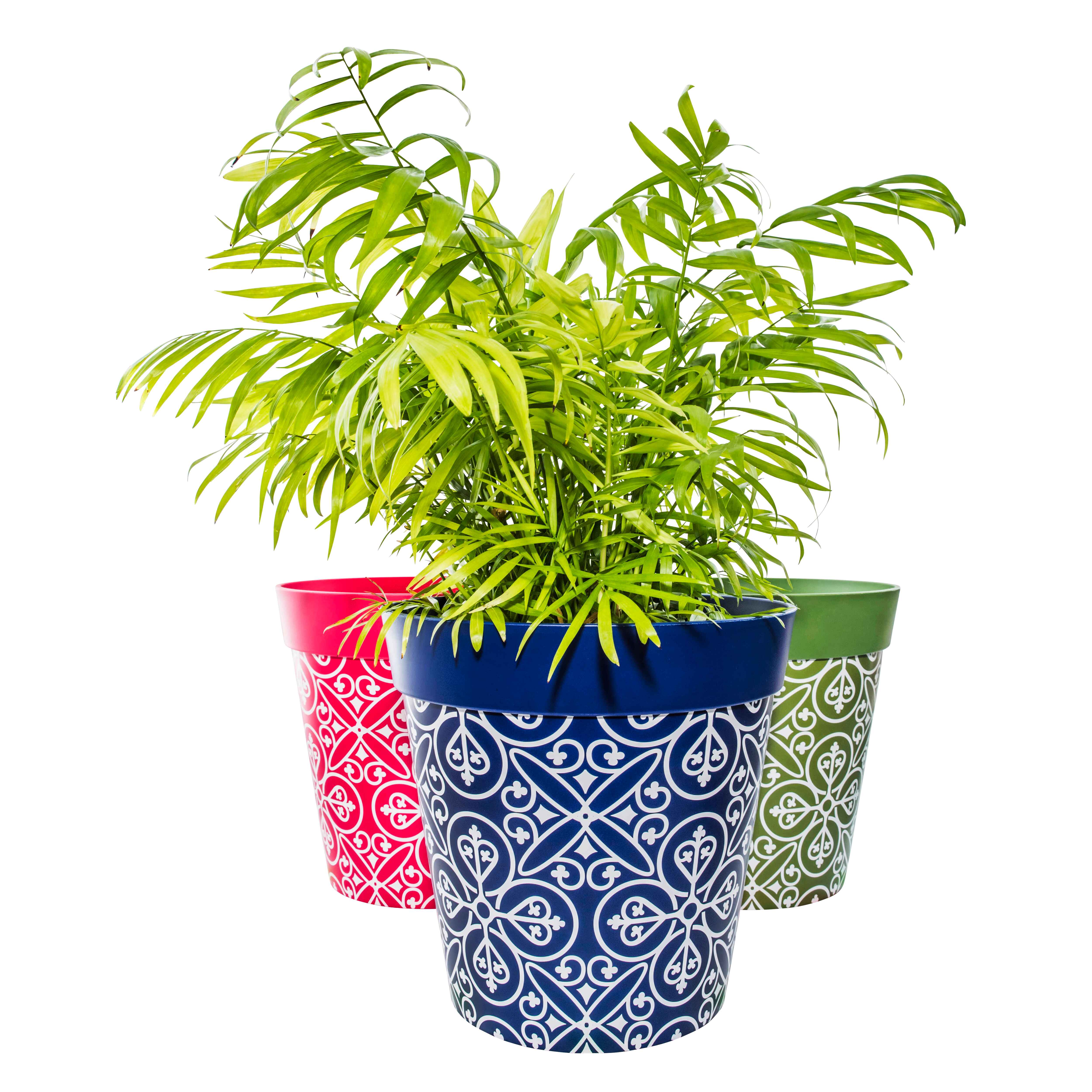 Picture of 3 Planted Large 25cm Plastic Multi Colour Moroccan Style Indoor/Outdoor Flowerpots