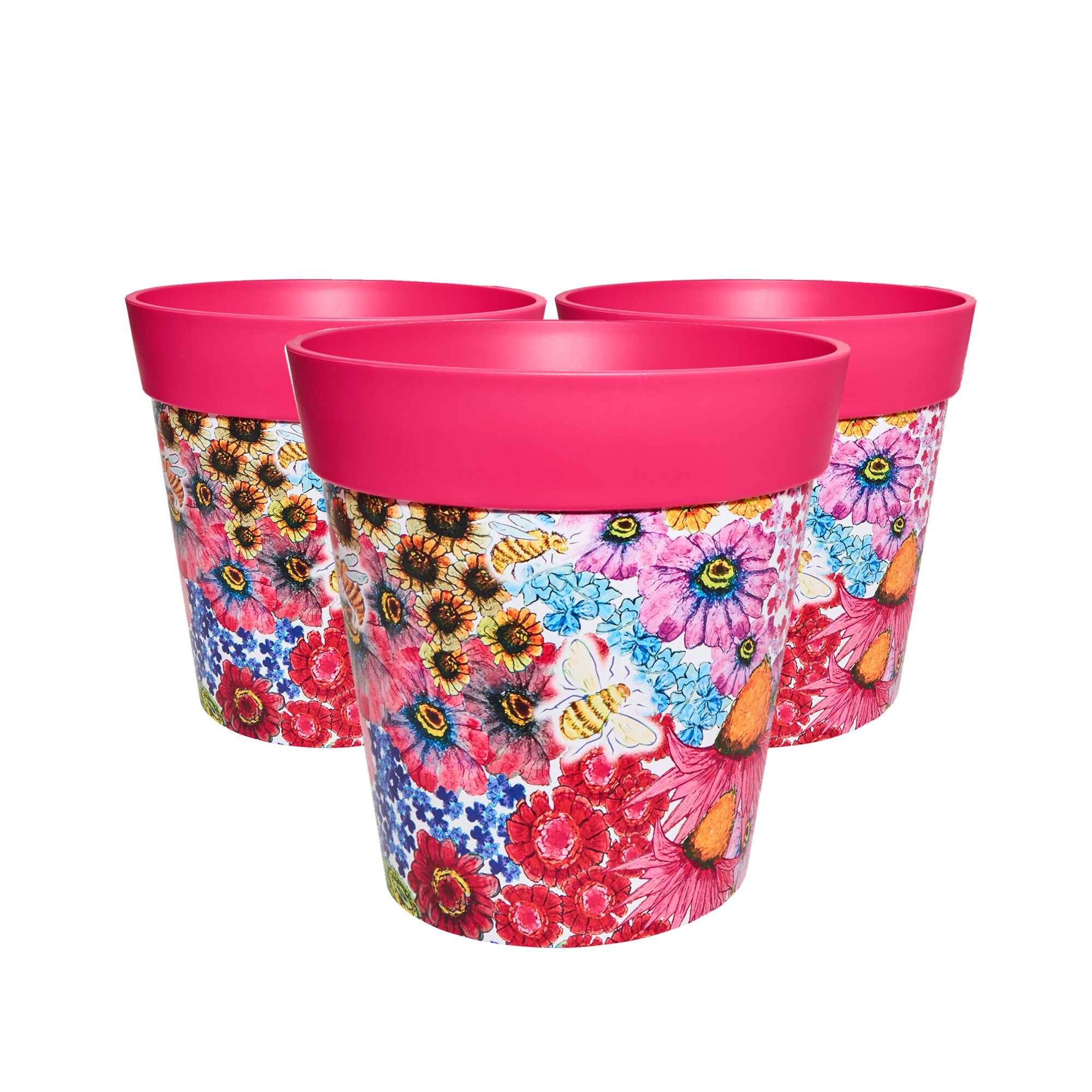 Picture of 3 Large 25cm Plastic Pink Bees and Flowers Pattern Indoor/Outdoor Flowerpots