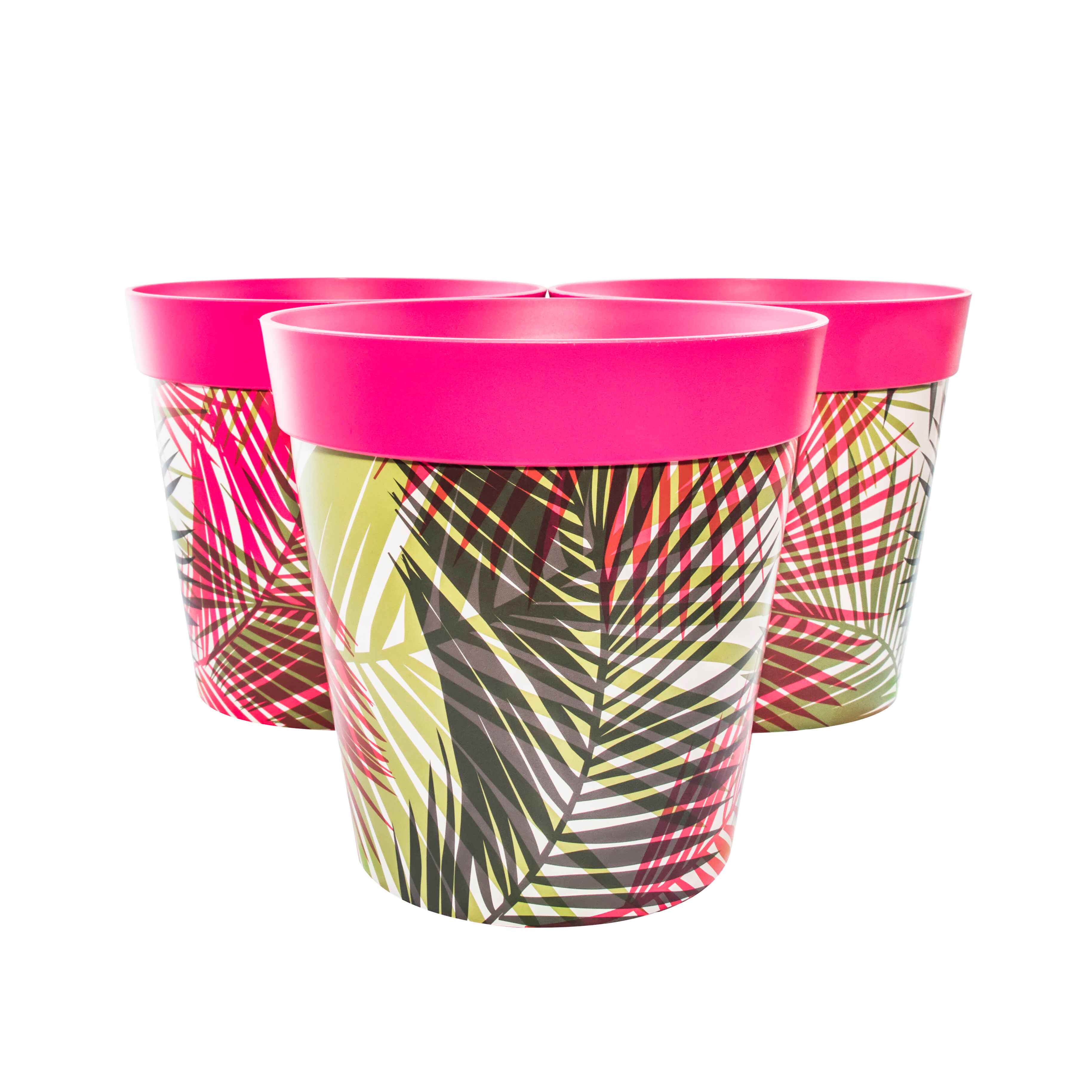Picture of 3 Large 25cm Plastic Pink Palm Leaves Pattern Indoor/Outdoor Flowerpots