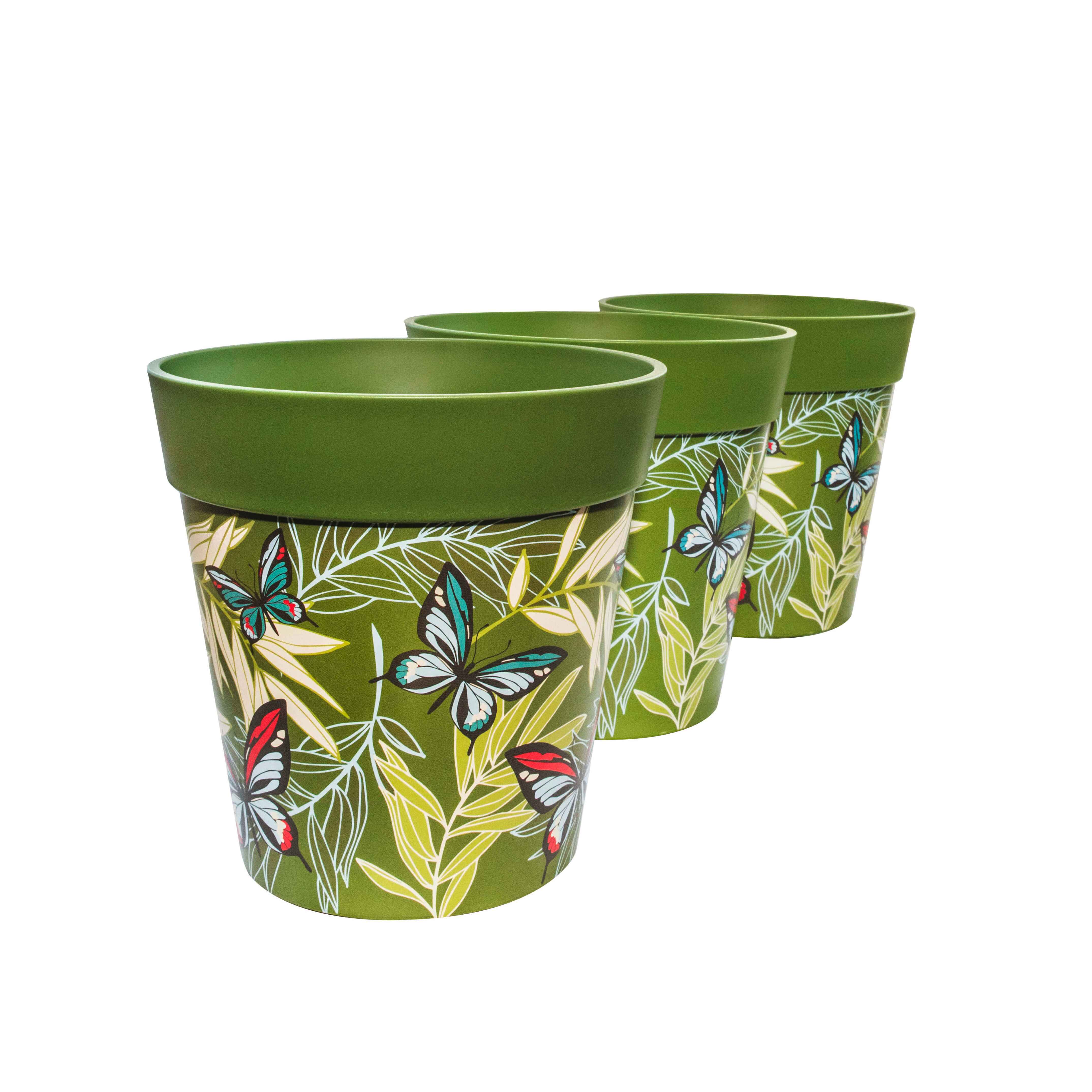 Picture of 3 Medium 22cm Plastic Green Butterfly and Palm Leaves Indoor/Outdoor Flowerpots