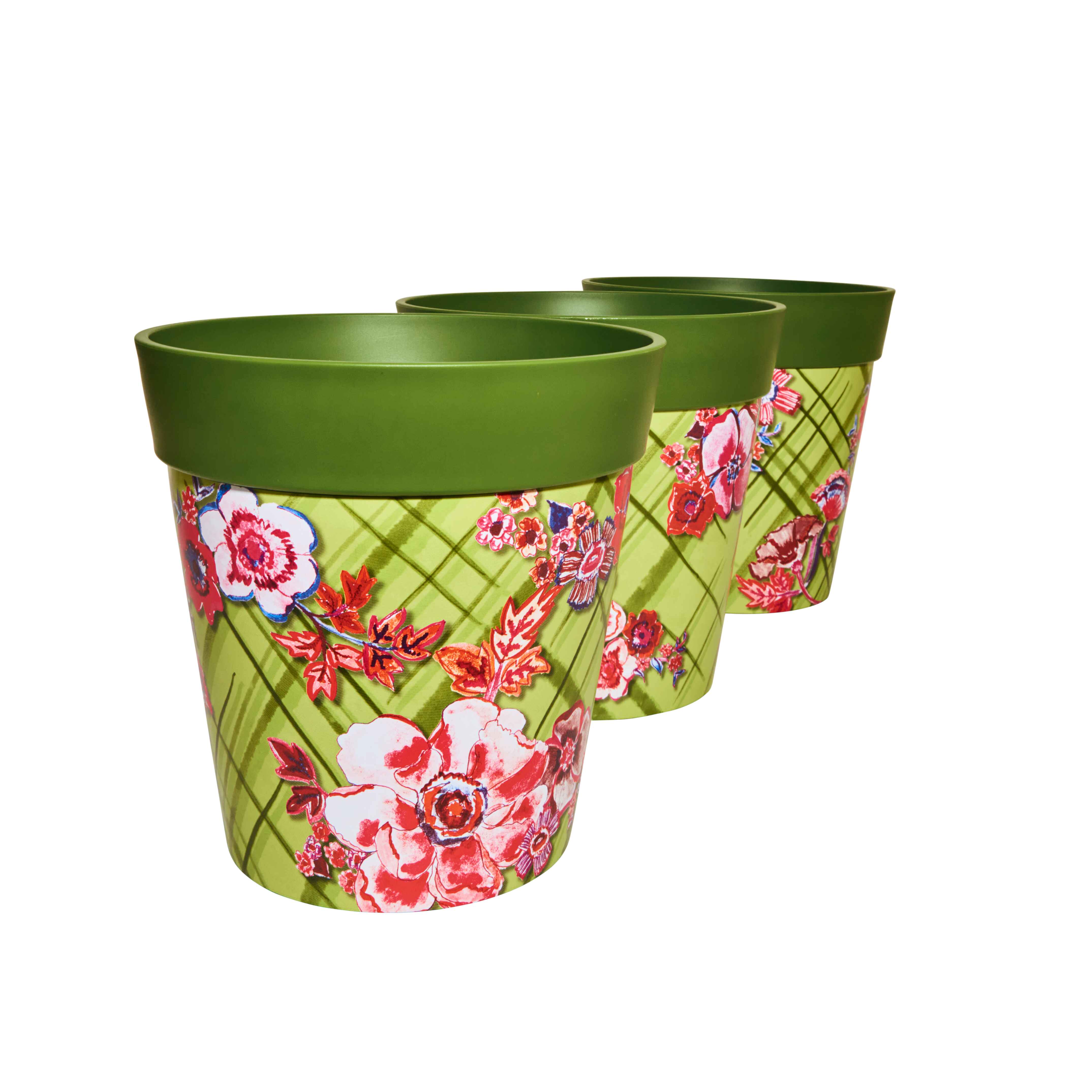 Picture of 3 Medium 22cm Plastic Green Trellis Pattern Indoor/Outdoor Flowerpots