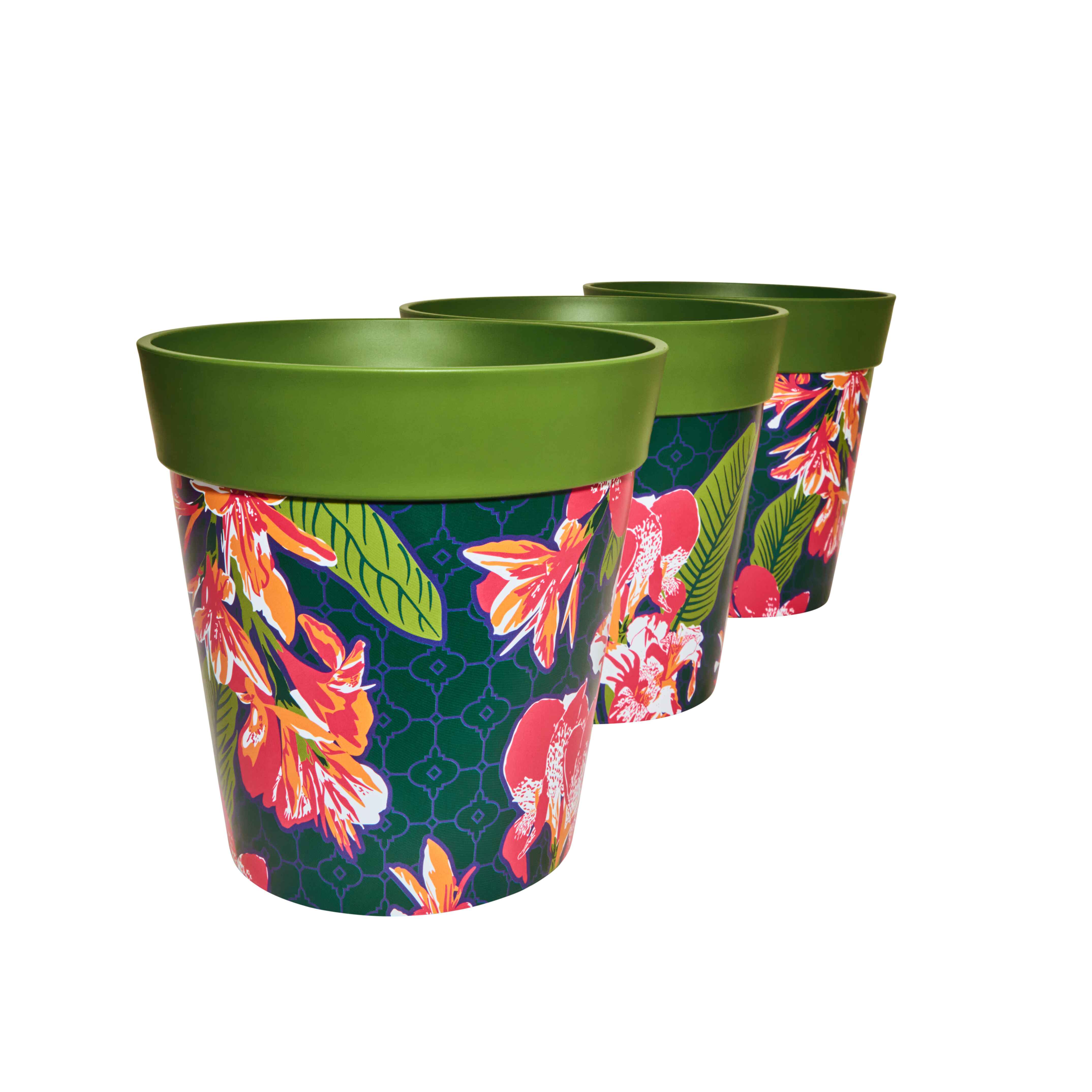 Picture of 3 Medium 22cm Plastic Green Tropical Pattern Indoor/Outdoor Flowerpots