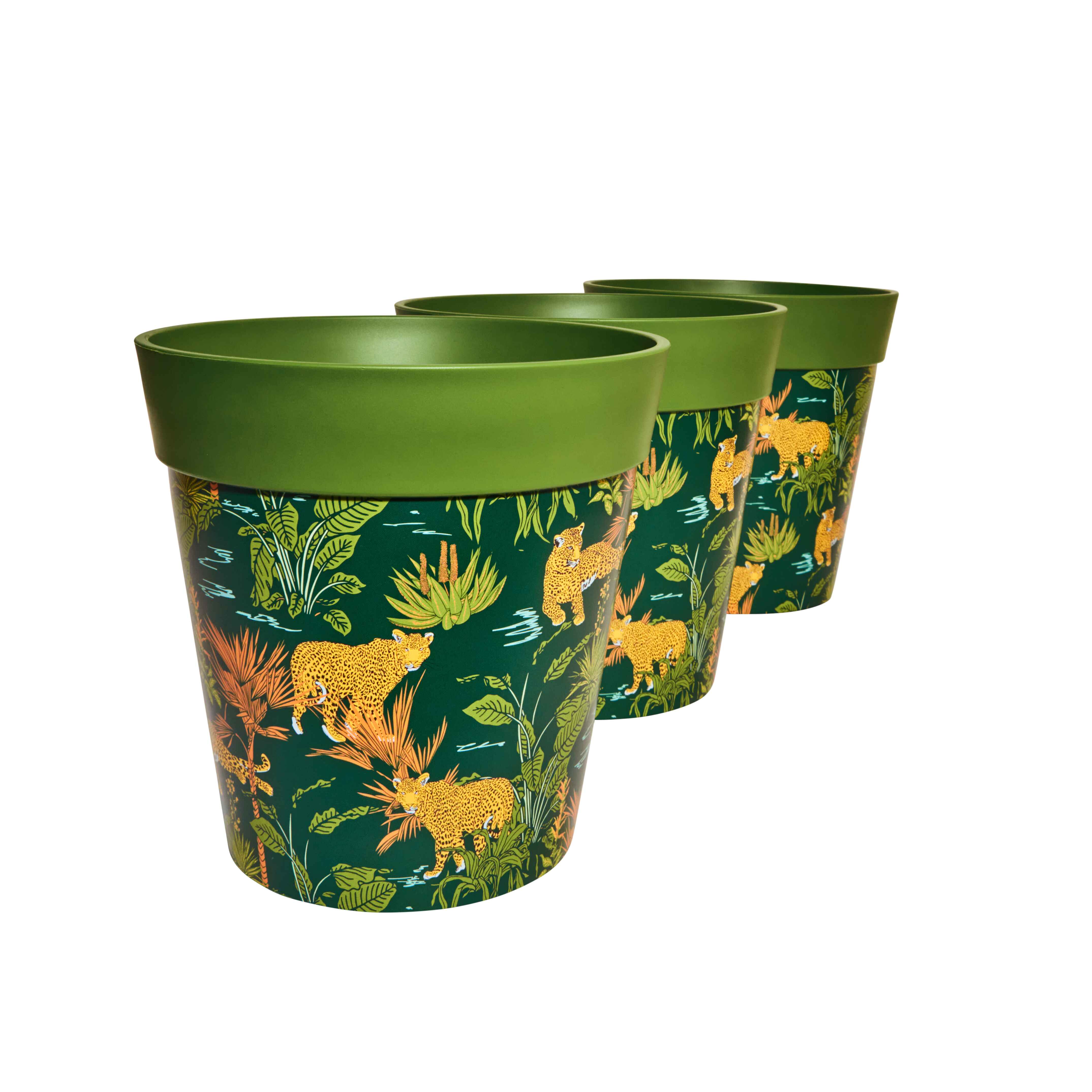 Picture of 3 Medium 22cm Plastic Green Jungle Leopards Pattern Indoor/Outdoor Flowerpots